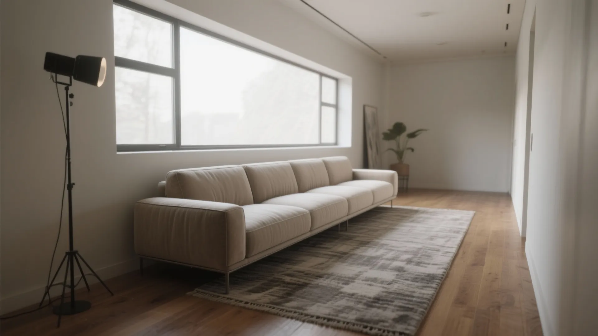 Modern living room with long beige sofa floor lamp large window wooden floor and rug
