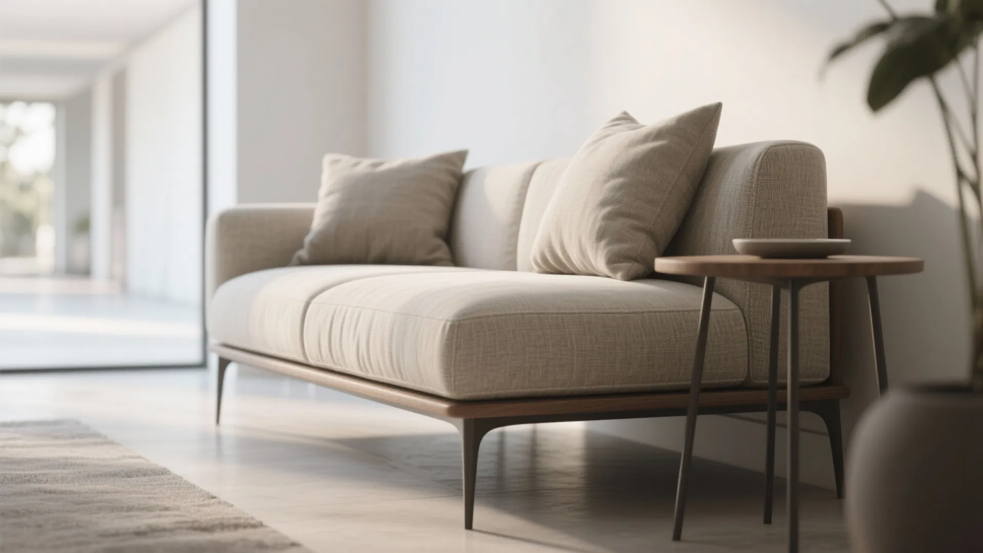 Close up of comfortable beige sofa with pillows next to a round wooden side table
