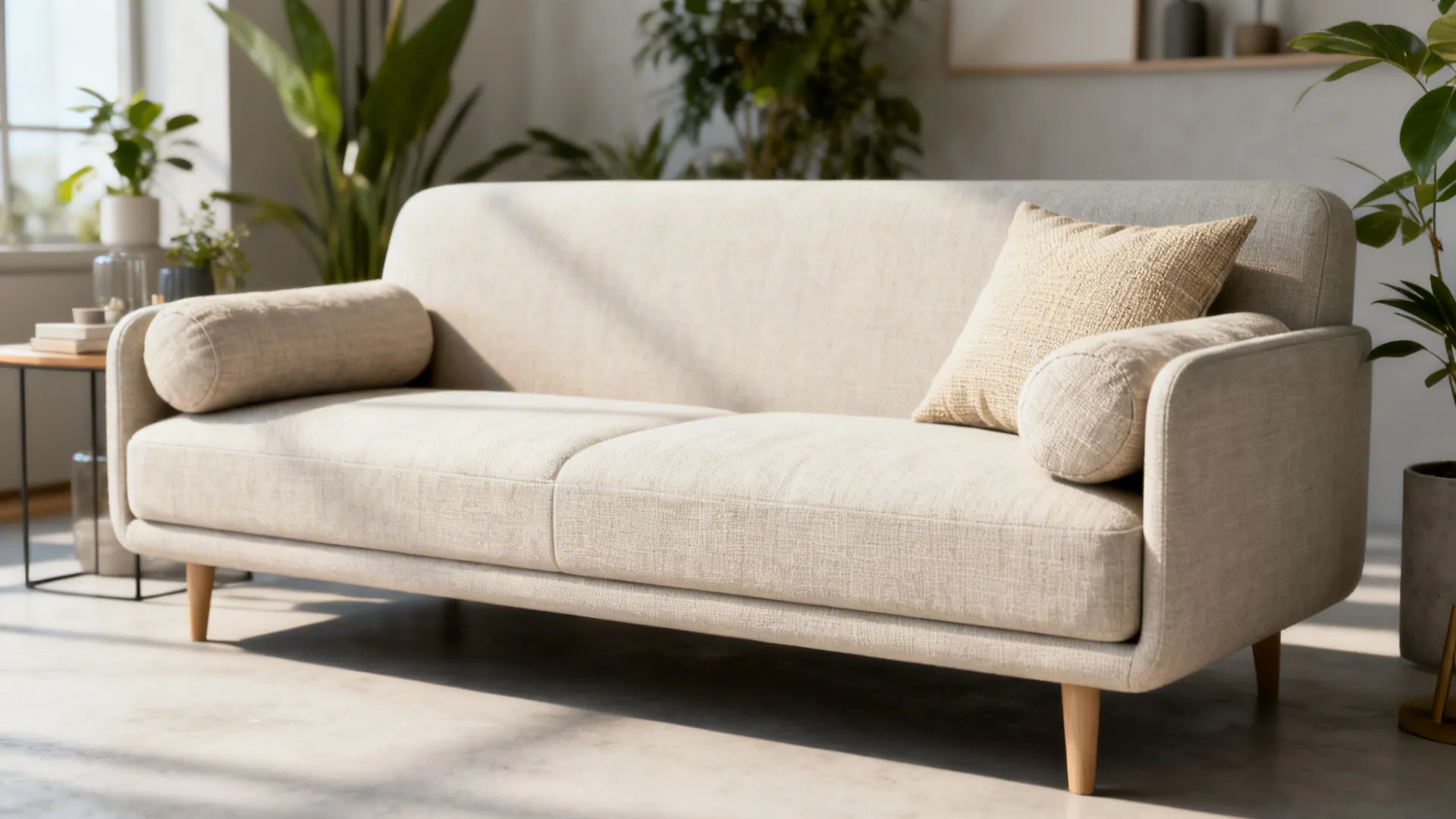 Armless apartment sofa with bolster cushions in a compact studio setting.