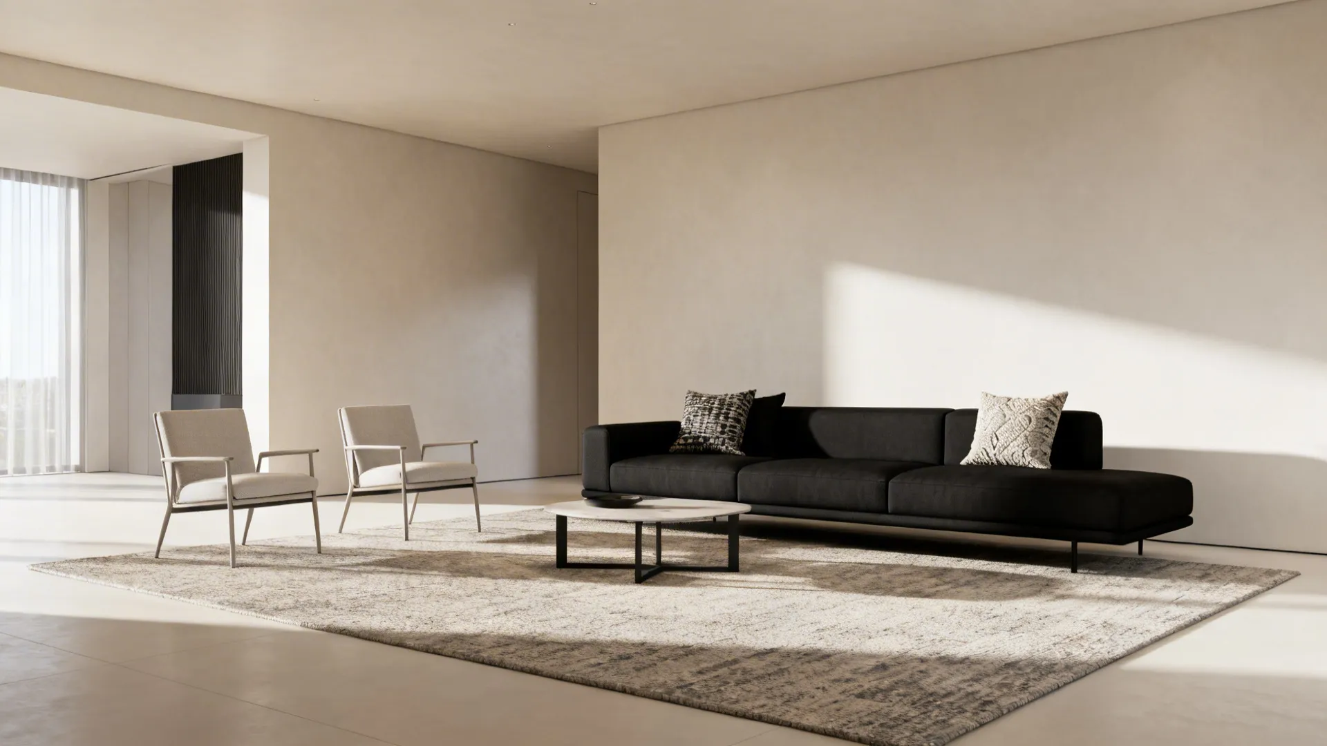 Armless black sofa paired with two lightweight accent chairs creating open sightlines