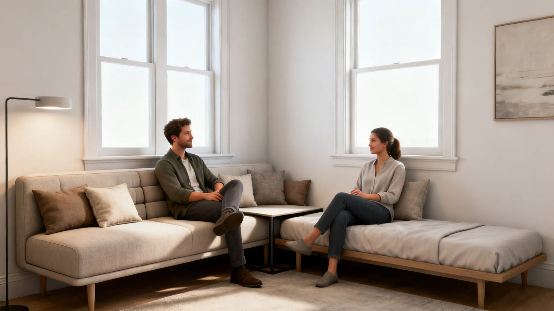 Small studio with an armless sofa doubled as a daybed, side table tucked close and lumbar pillows.