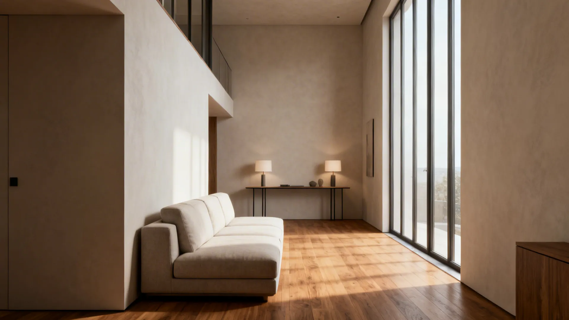 Narrow loft with an armless sofa and slim console behind, showing clear circulation