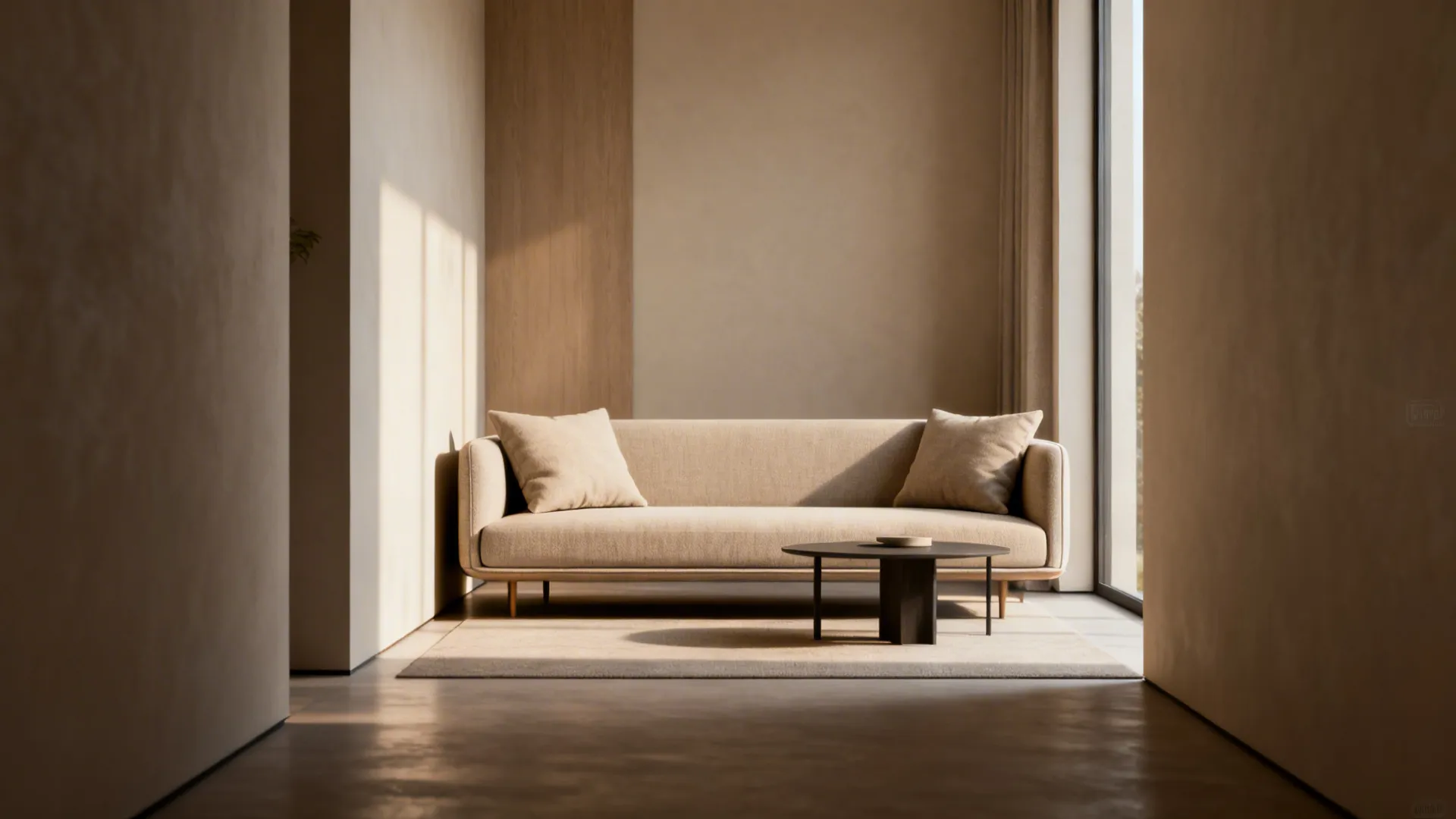 Armless sofa in a narrow drawing room improving circulation around a coffee table