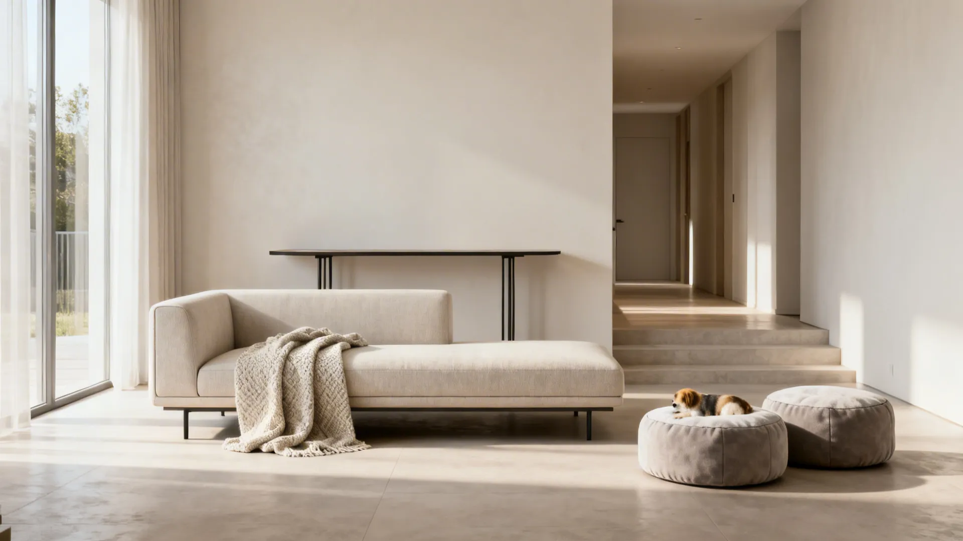 Armless sofa with a slim console table and two poufs in a small living area.