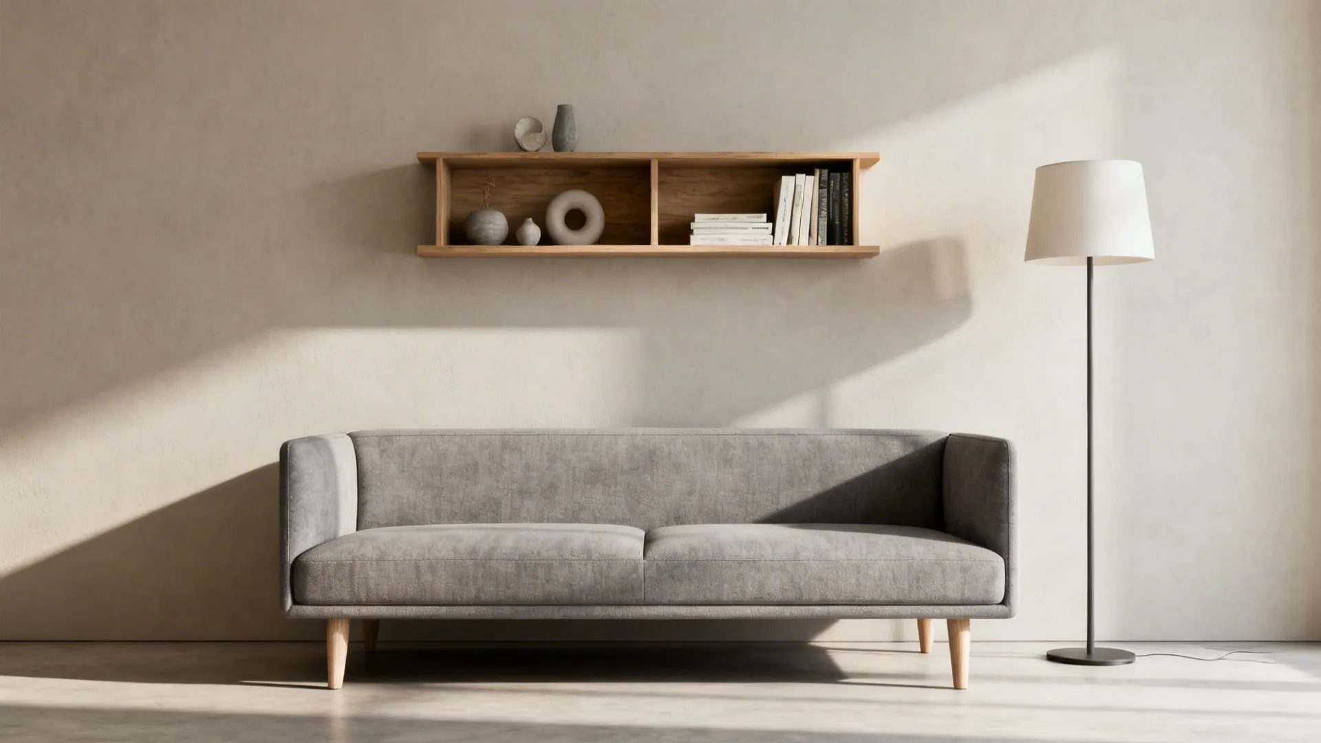 Armless sofa with floating wall-mounted shelves and a tall floor lamp in a small living room.