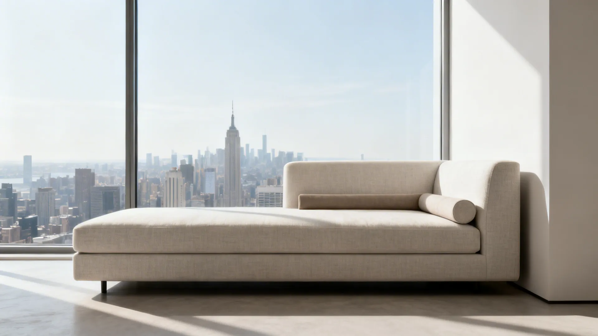 Armless sofa tucked against a narrow wall beside a large window with city view