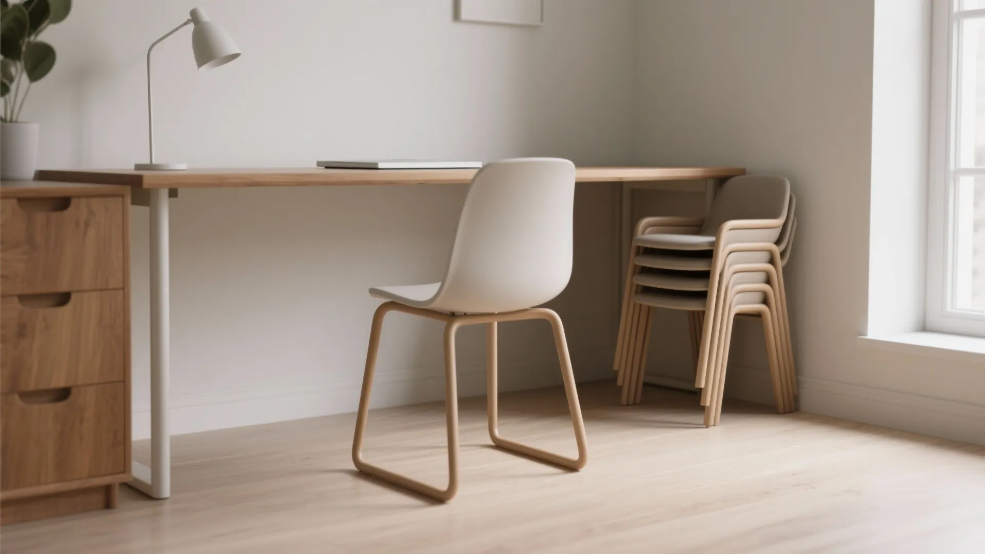 Minimalist home office with wooden desk white chair and a stack of three extra chairs