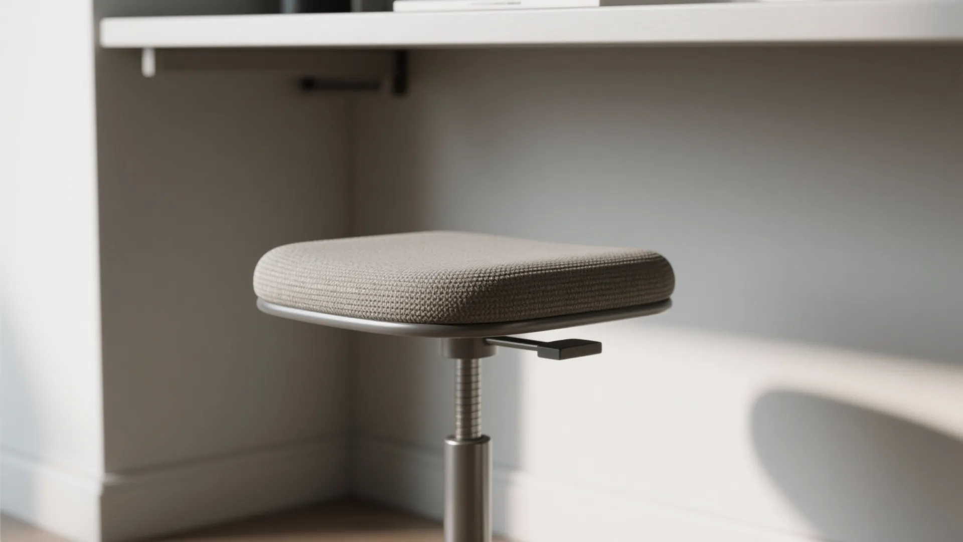 Close up of a grey padded stool with metal base under a white office work desk