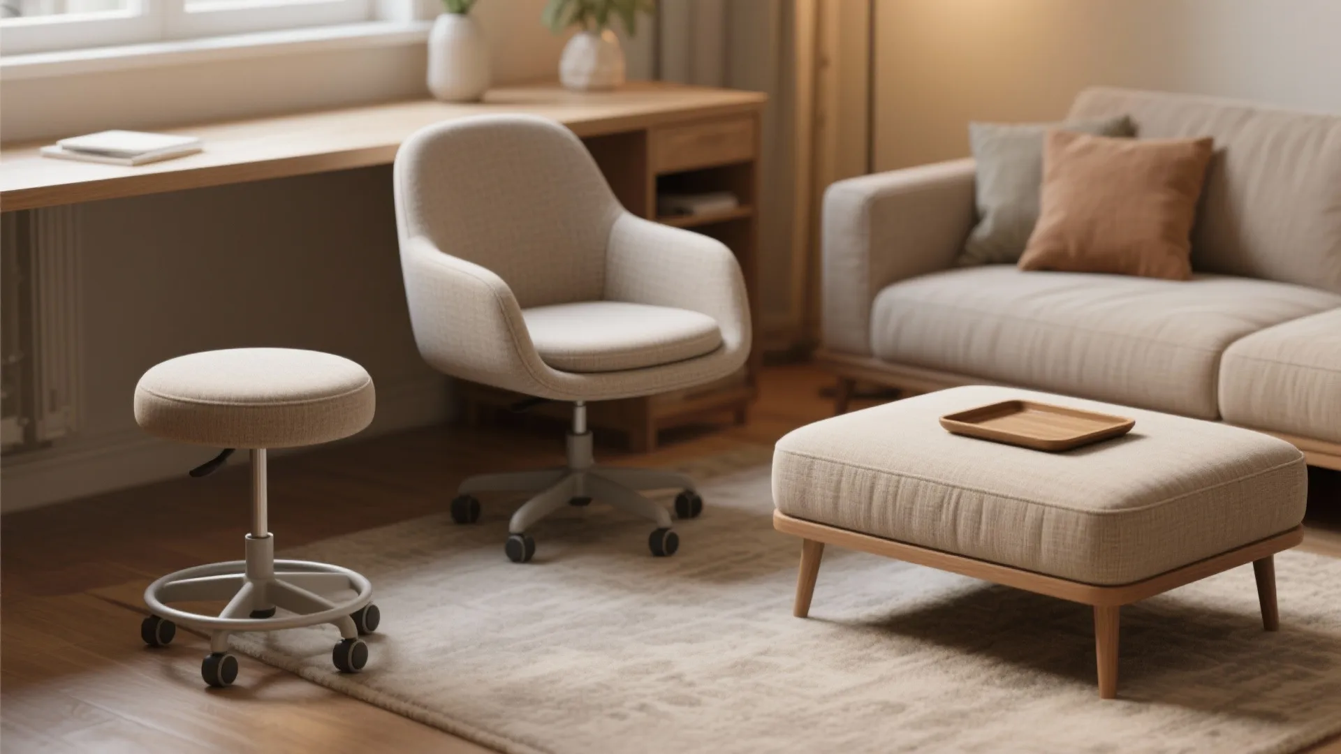 Living room setup featuring a round stool and footrest near a sofa and wooden desk