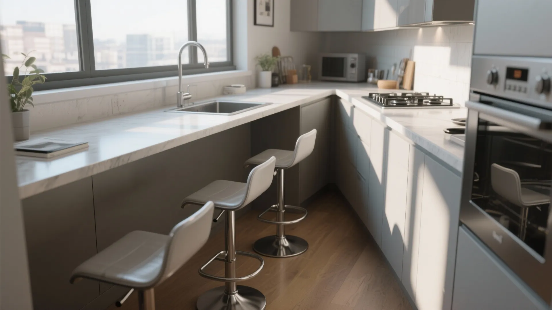 Modern kitchen with marble countertop three grey stools wooden floor sink and big bright window