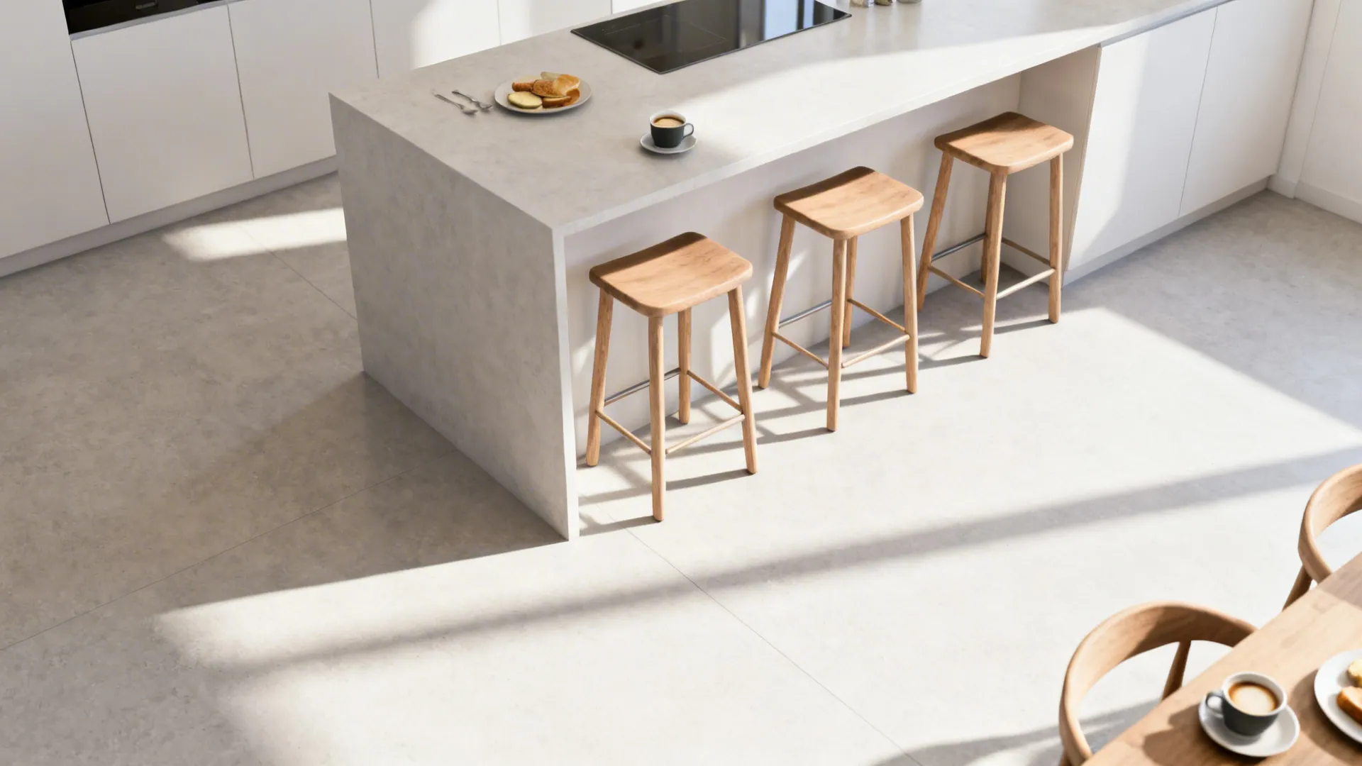 Armless stools tucked under a kitchen island showing efficient use of space.