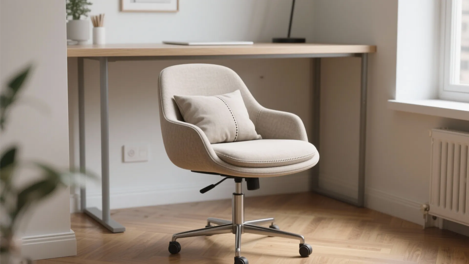 Compact armless swivel chair under a slim desk in a small bright apartment corner.
