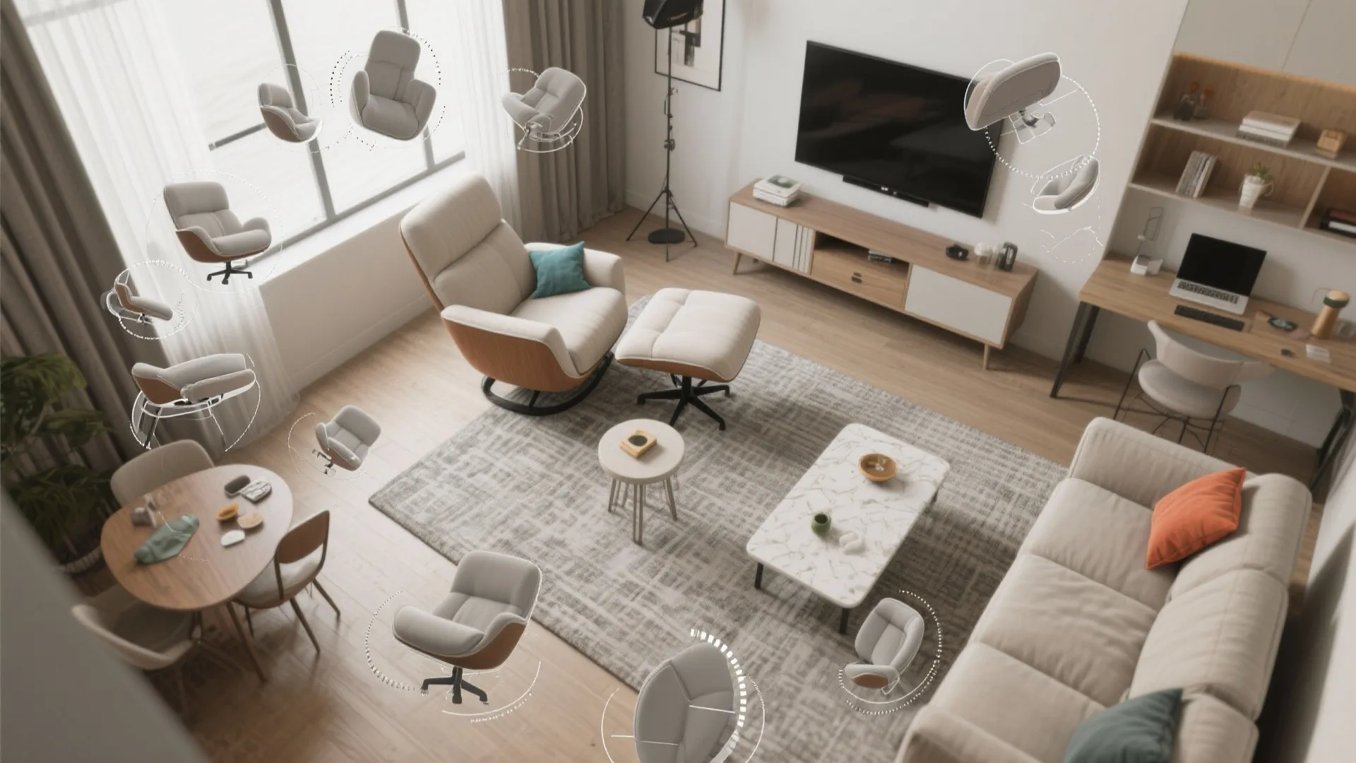 Modern living room layout with sofa television coffee table and multiple floating office chair icons