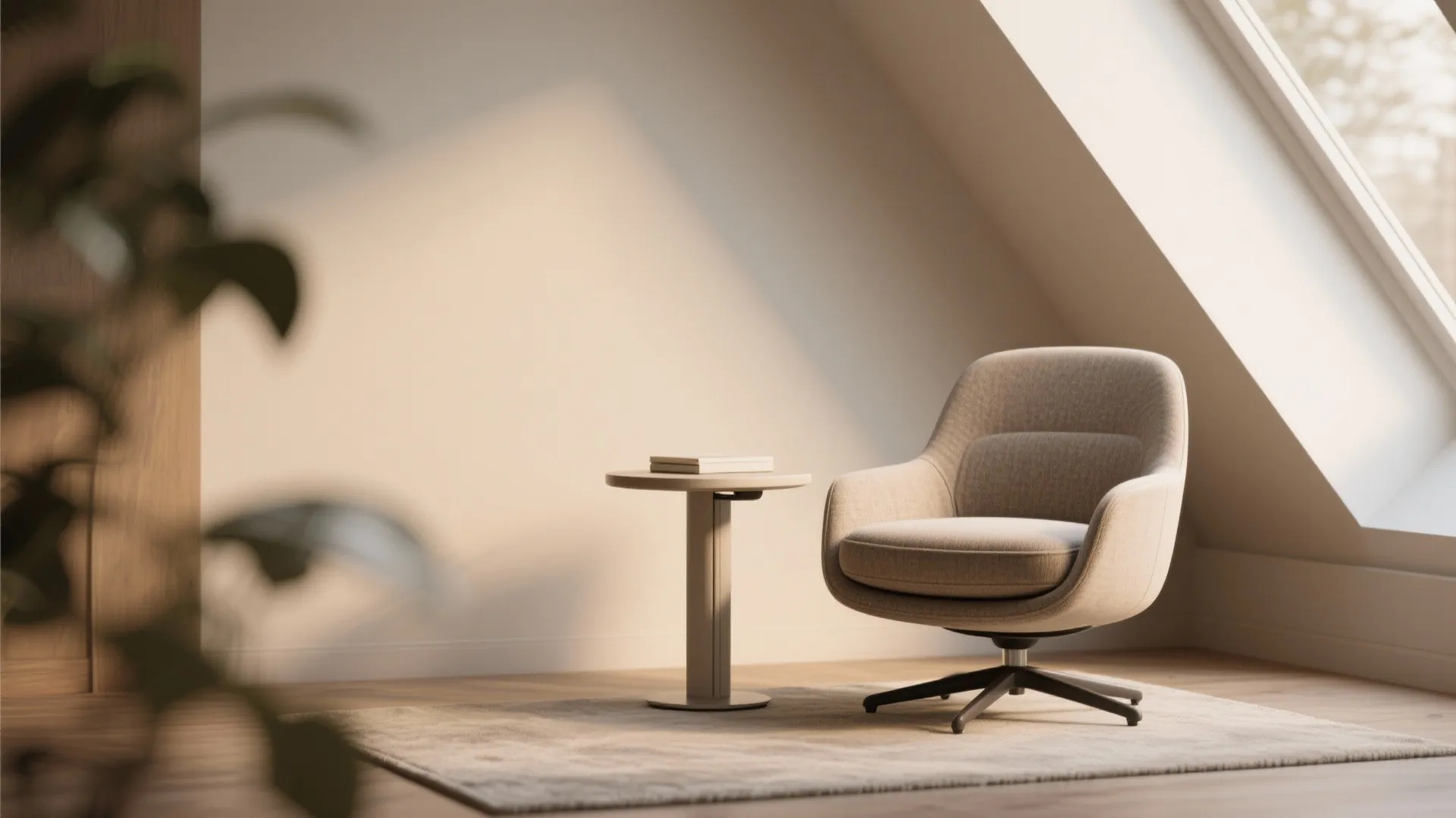 Modern grey swivel chair and round table on rug in room with a roof window