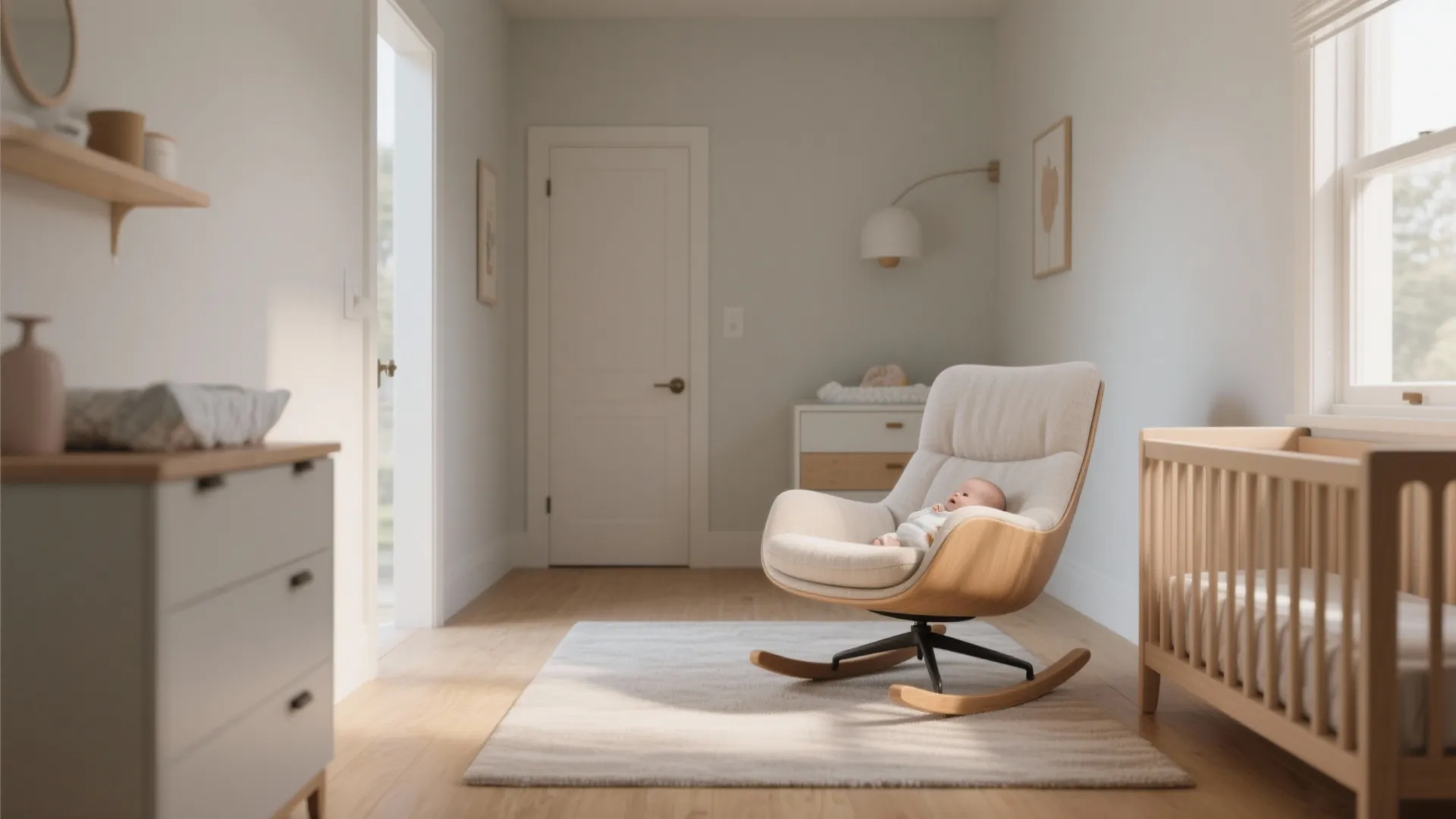 Neutral nursery featuring baby in rocking chair beside wooden crib dresser rug and wall light