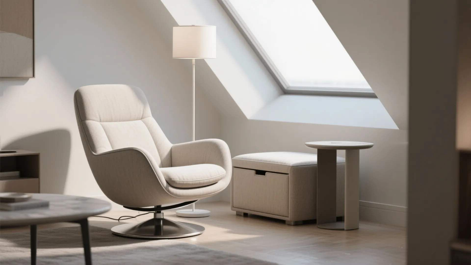 Modern cream swivel chair with matching footrest and floor lamp next to a roof window