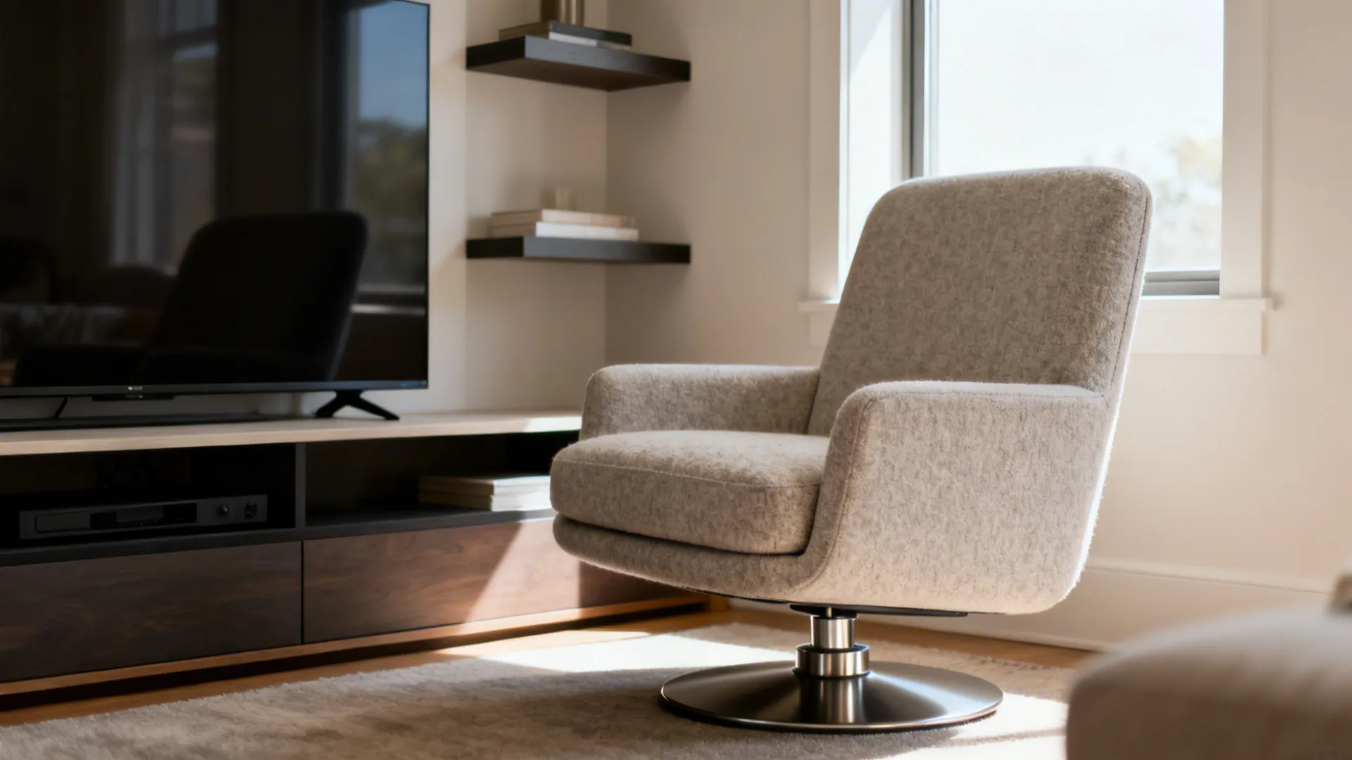 Armless swivel chair next to a media console and floating shelf in a small living room.