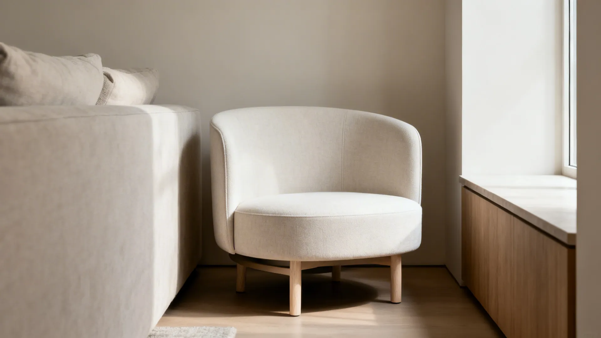 Armless swivel accent chair tucked between a sofa and console in a compact living room.
