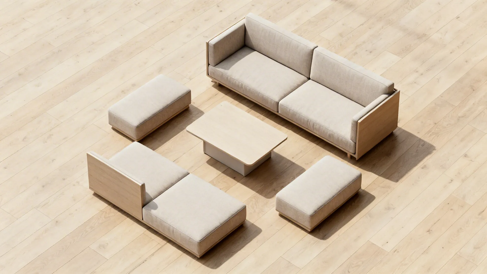 Overhead view of an armless loveseat layout with clear pathways around a small coffee table.