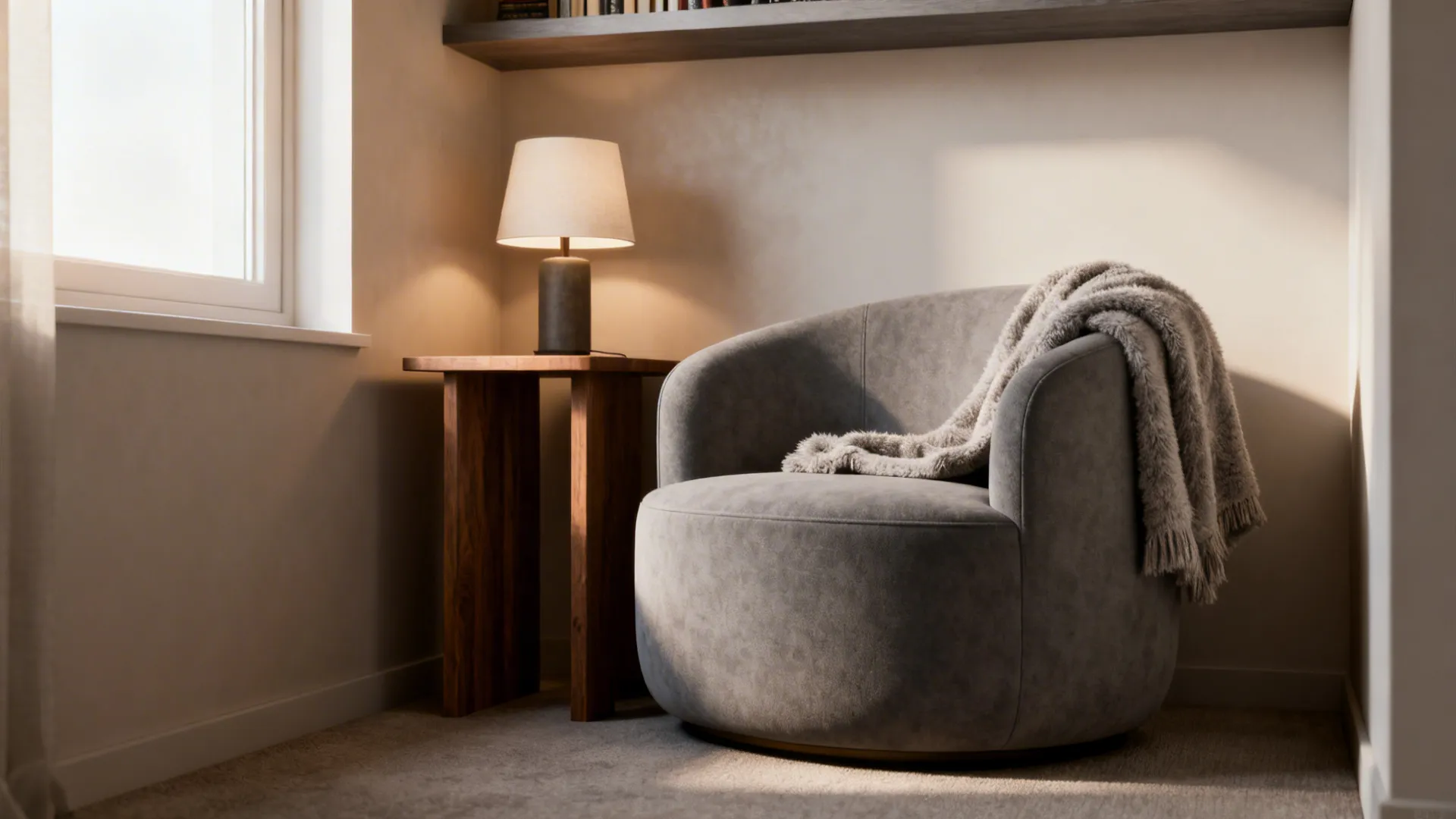 Rounded armless grey tub chair next to a narrow side table in a cozy nook.