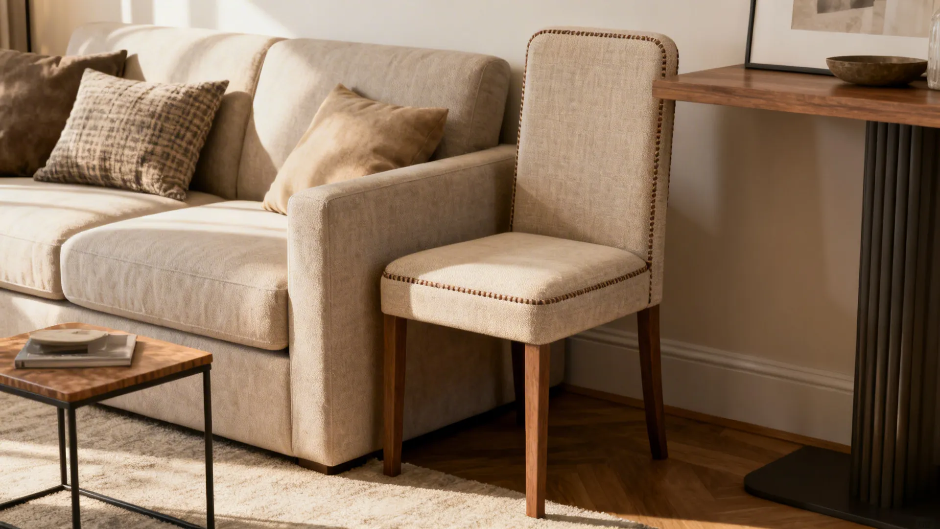 Beige armless chair with wooden legs standing by a fabric sofa in a bright room