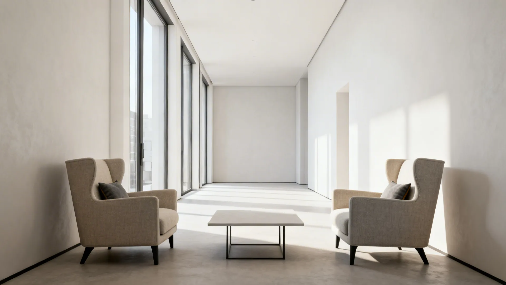 Narrow living area with armless wingback-inspired chairs and lumbar pillows maintaining circulation.