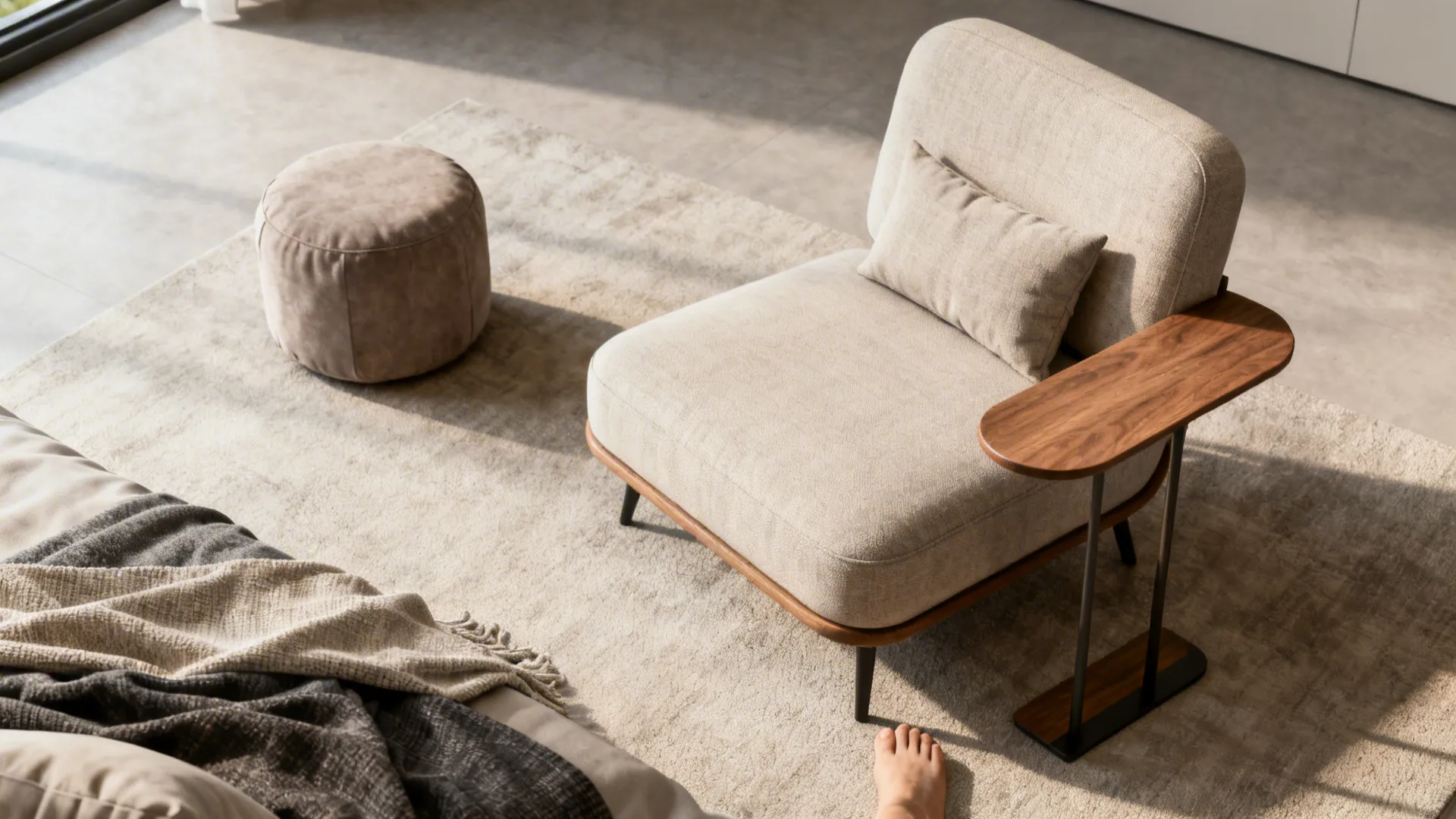 Armless accent chair with a slim side table doubling as an armrest and a pouf for flexible seating.