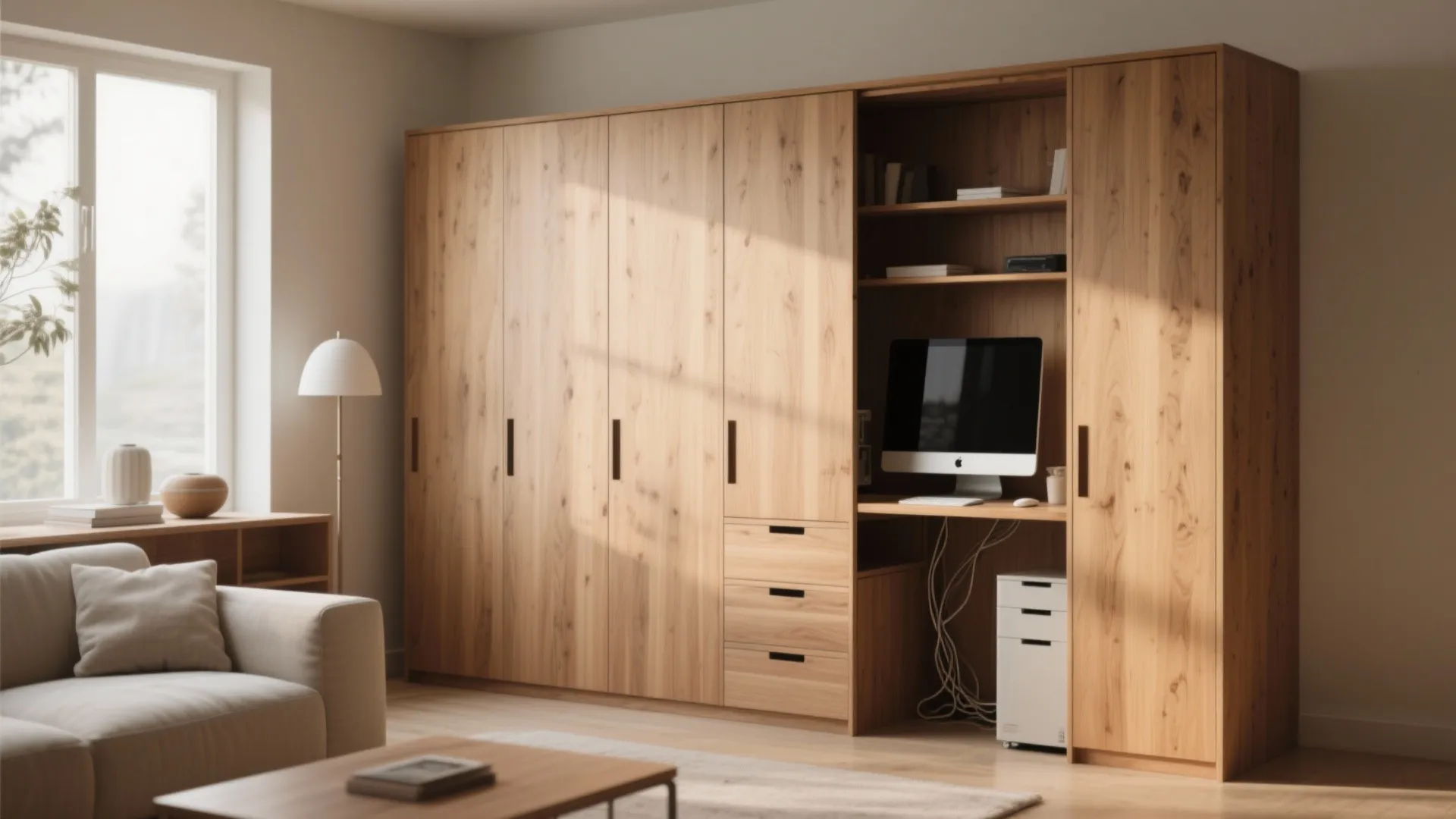 Large wooden cabinet with built in desk and computer next to a sofa and window