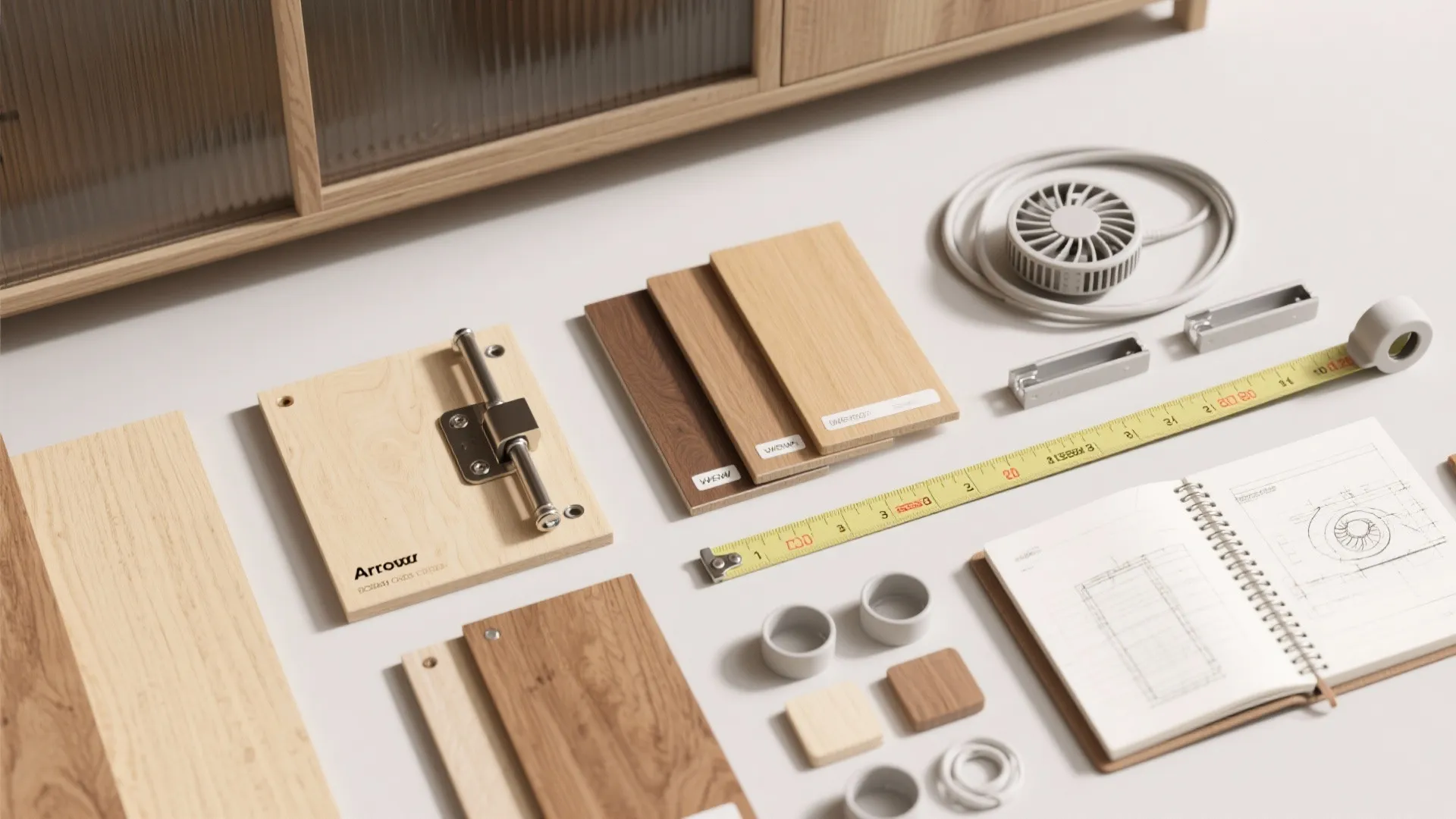 Cabinet design materials with wood samples yellow measuring tape open notebook and small metal door hardware