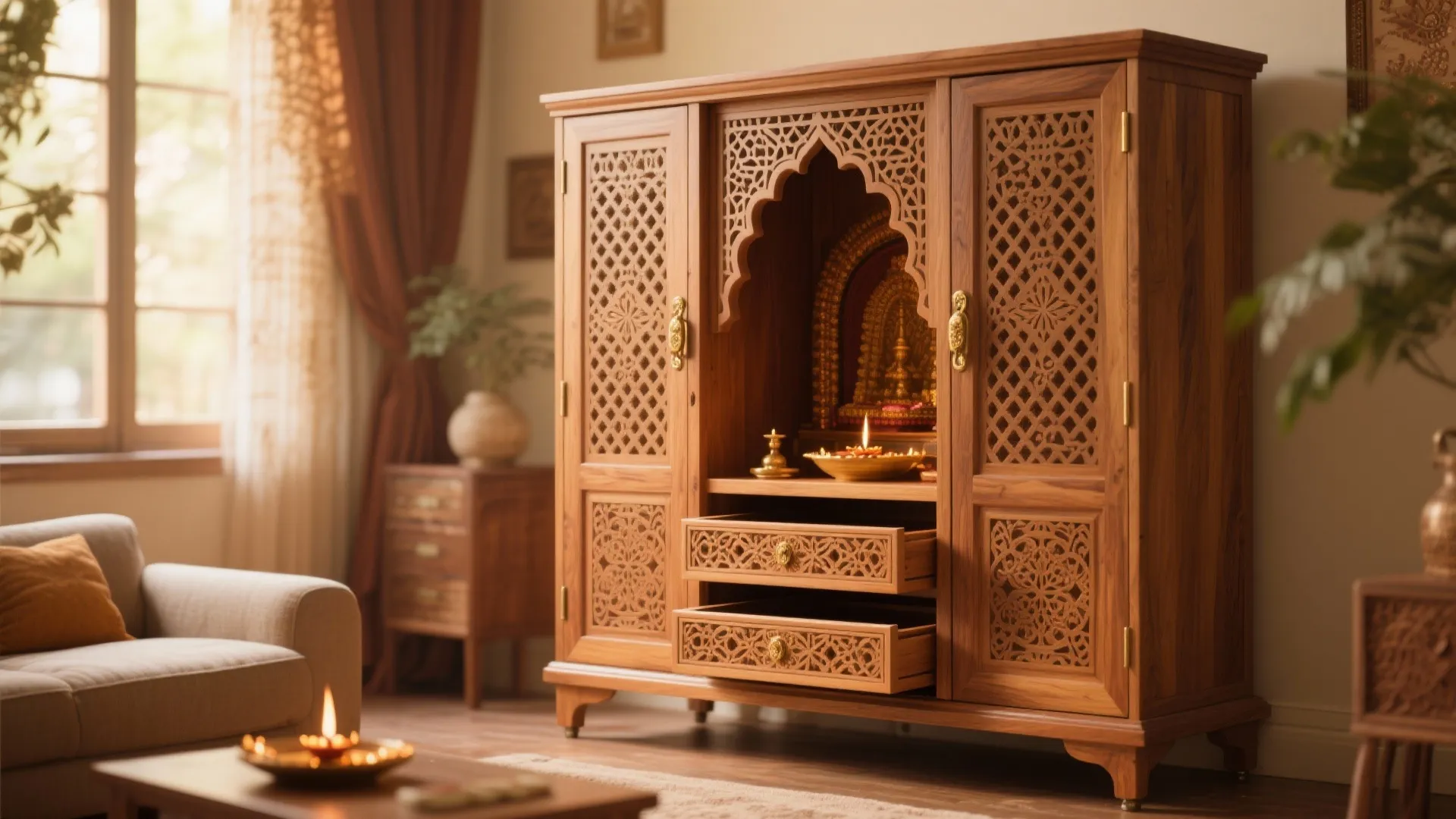 Freestanding Armoire-Style Mandir with Carved Doors