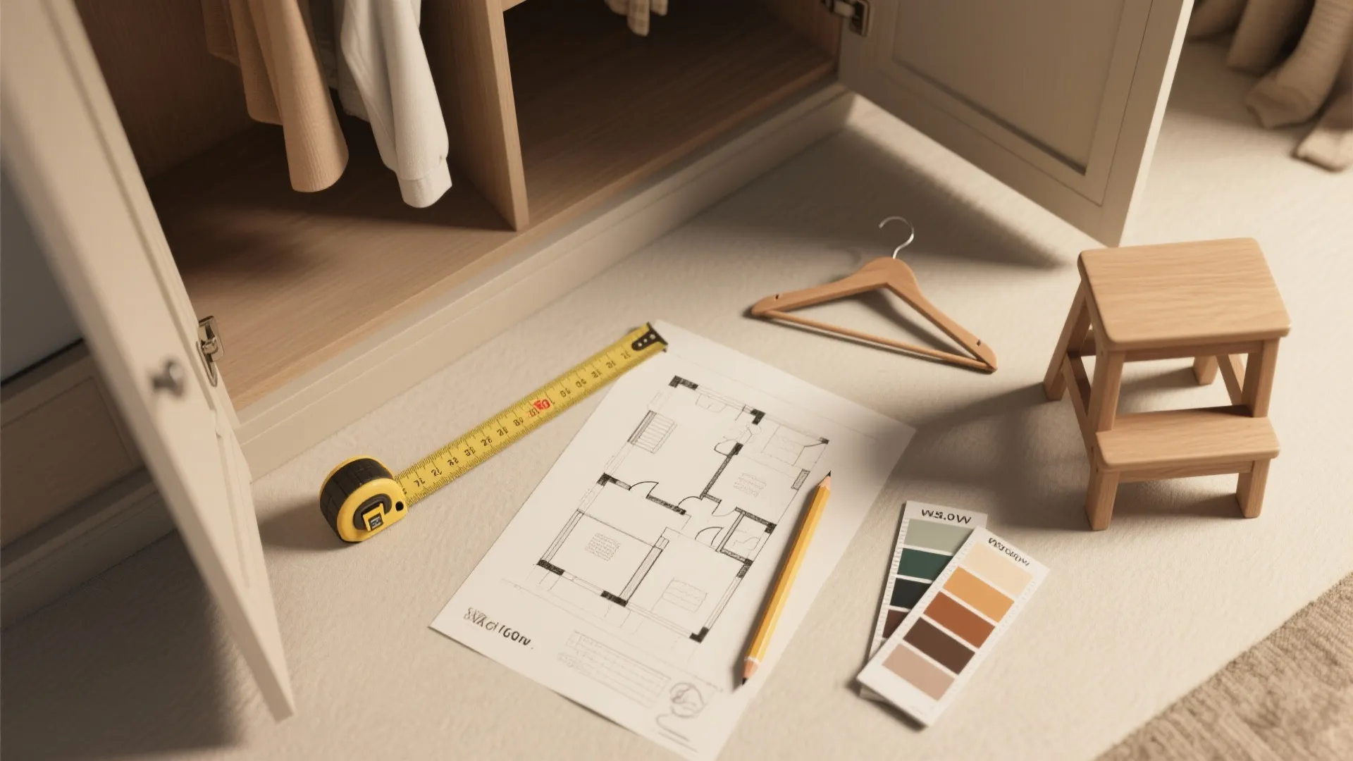 Flatlay of measuring tools, floor plan sketch, hangers and swatches for planning an armoire fit.