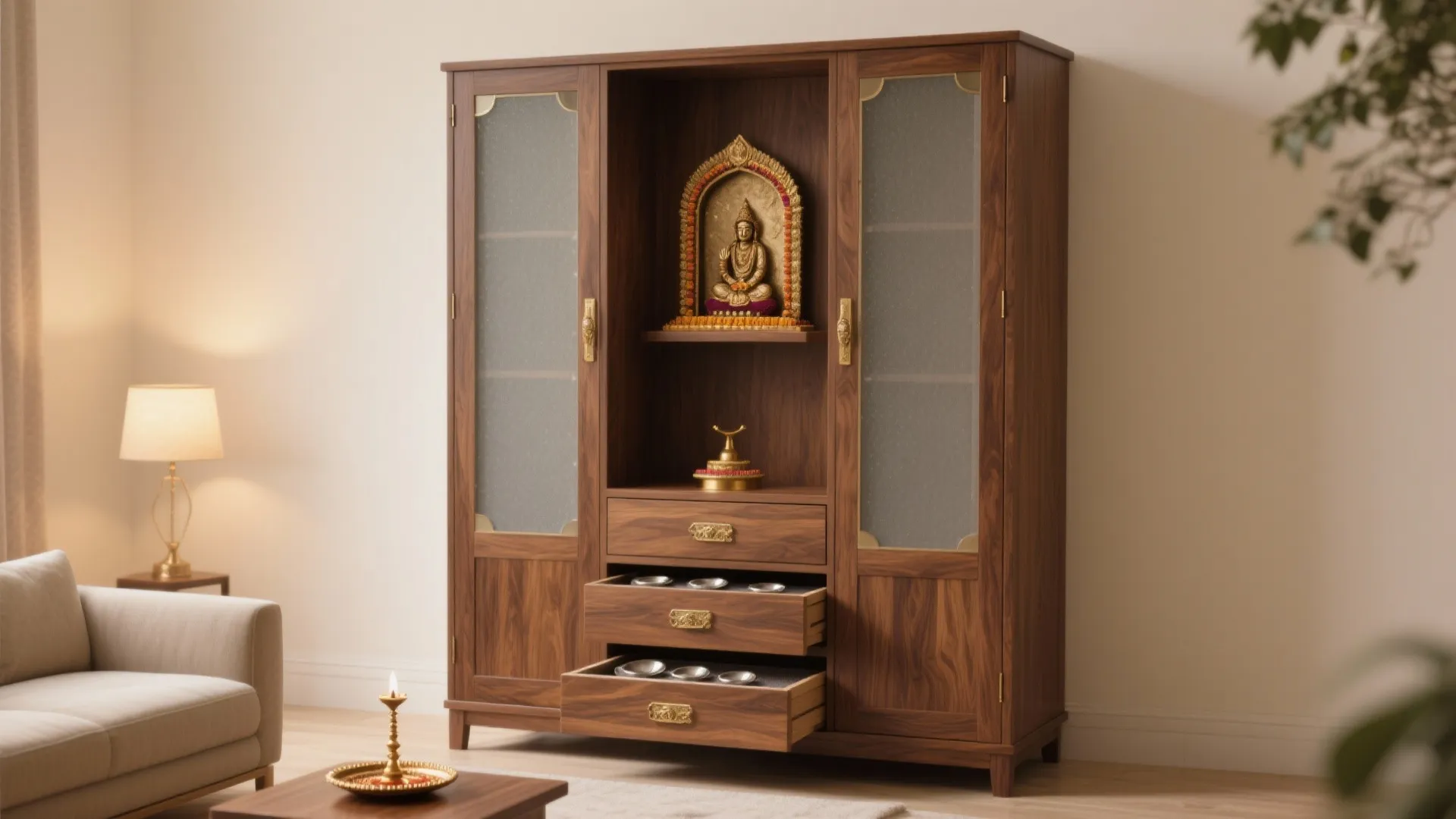Tall Armoire-Style Pooja Cupboard with Concealed Drawers