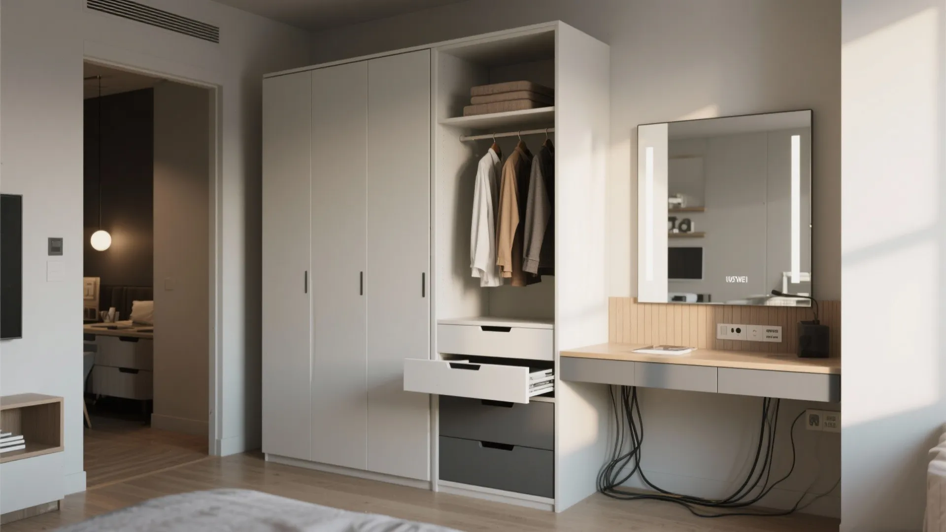 Multi-function armoire with wardrobe on one side and a fold-down desk on the other, optimized for studio living.