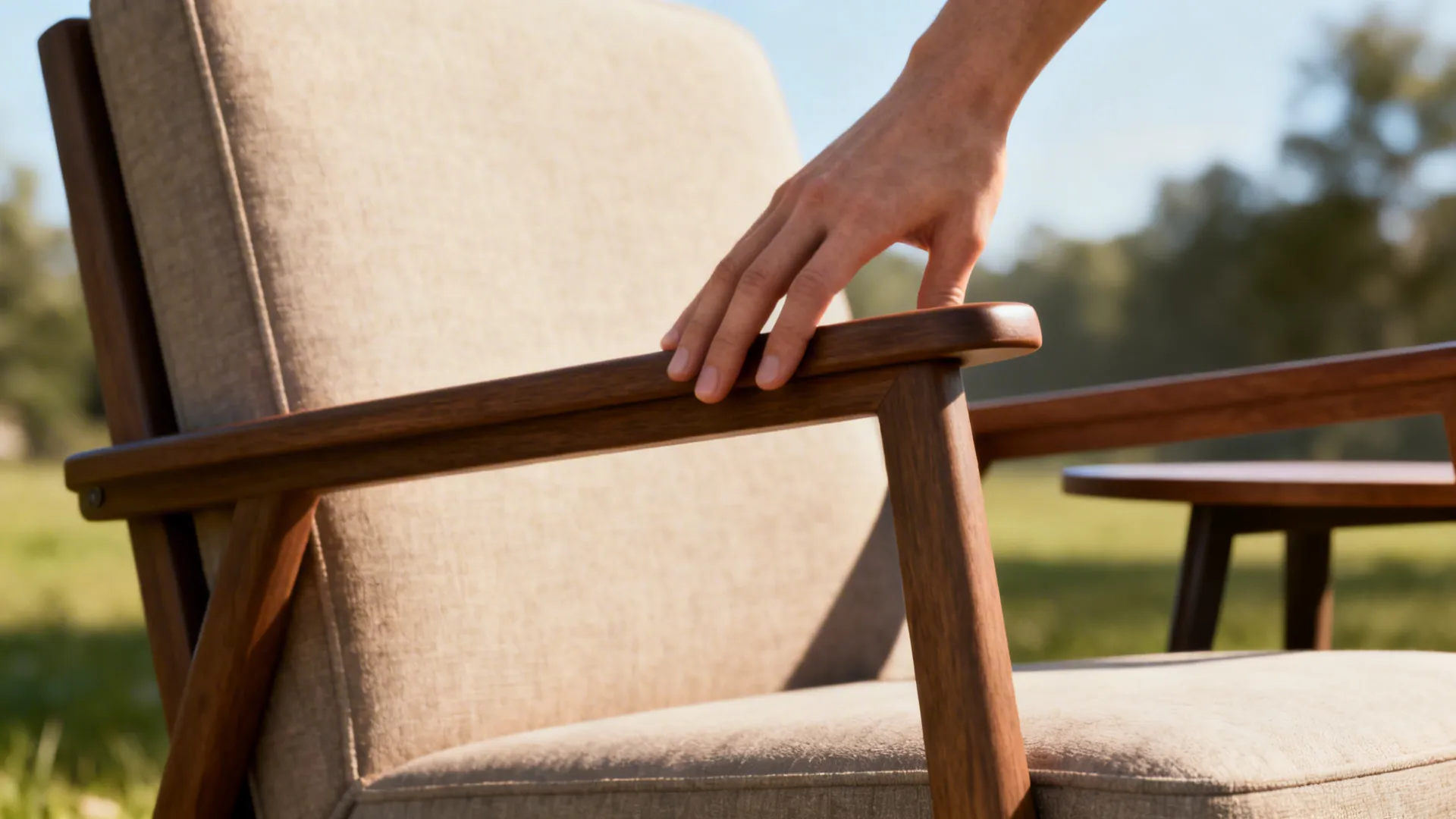 Chair with angled armrests 7–9 inches above seat used as landing pads to assist standing