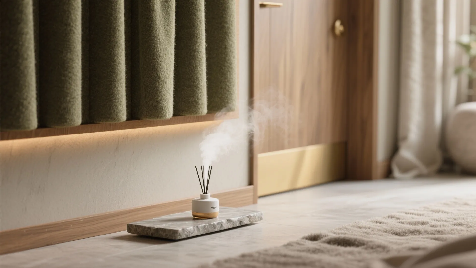 Minimalist room with reed diffuser on stone tray green wall panels and wooden bedroom door