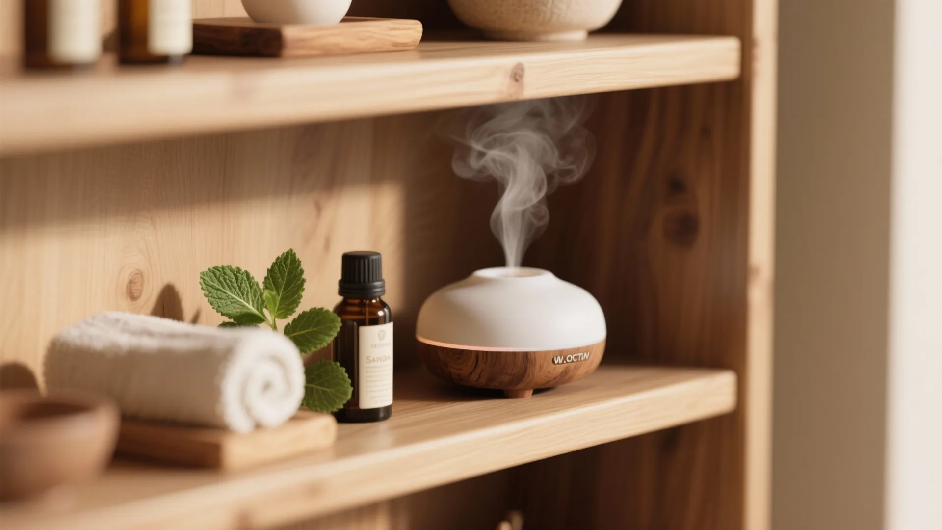 Aroma diffuser emitting steam next to oil bottle and towel on a light colored shelf