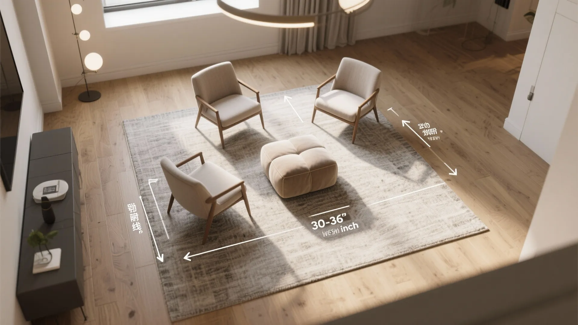 Top-down plan showing conversation clusters and circulation pathways for small living-room seating arrangements.