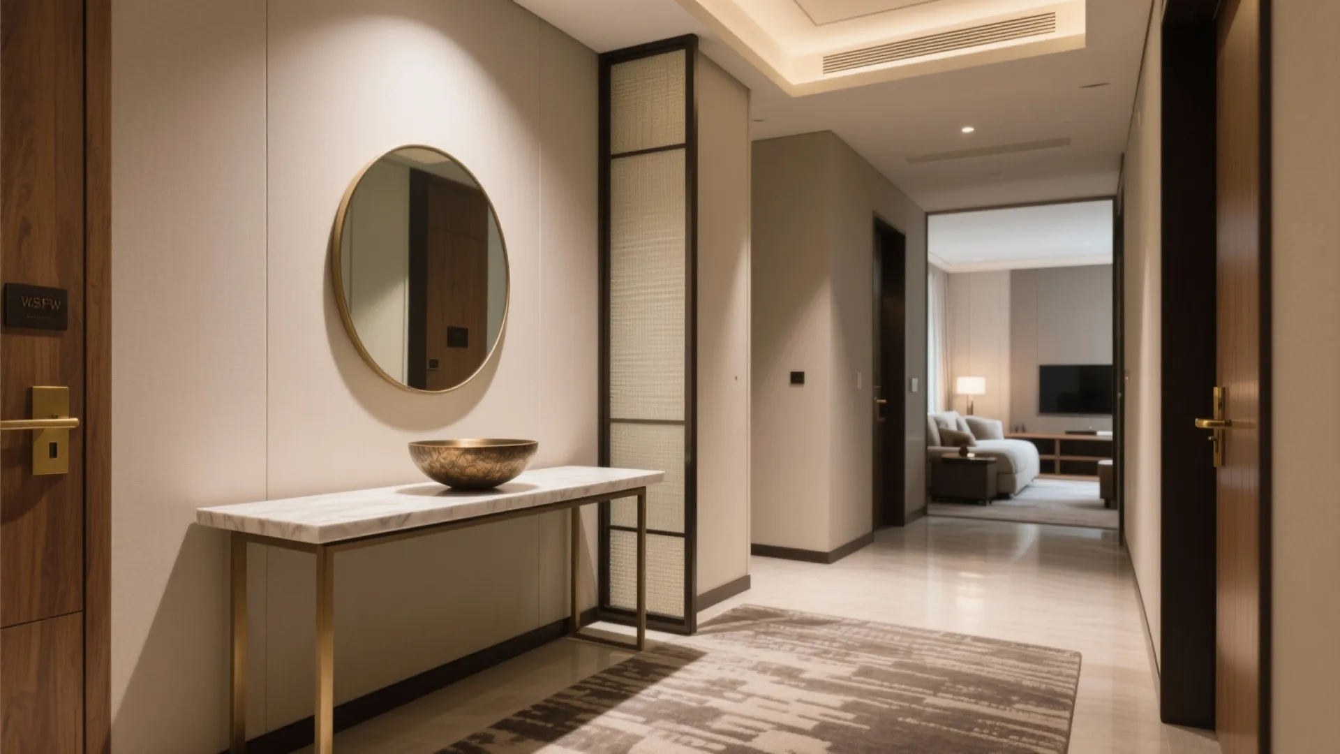 Compact foyer with narrow console, statement mirror and rug defining an arrival zone in a suite.