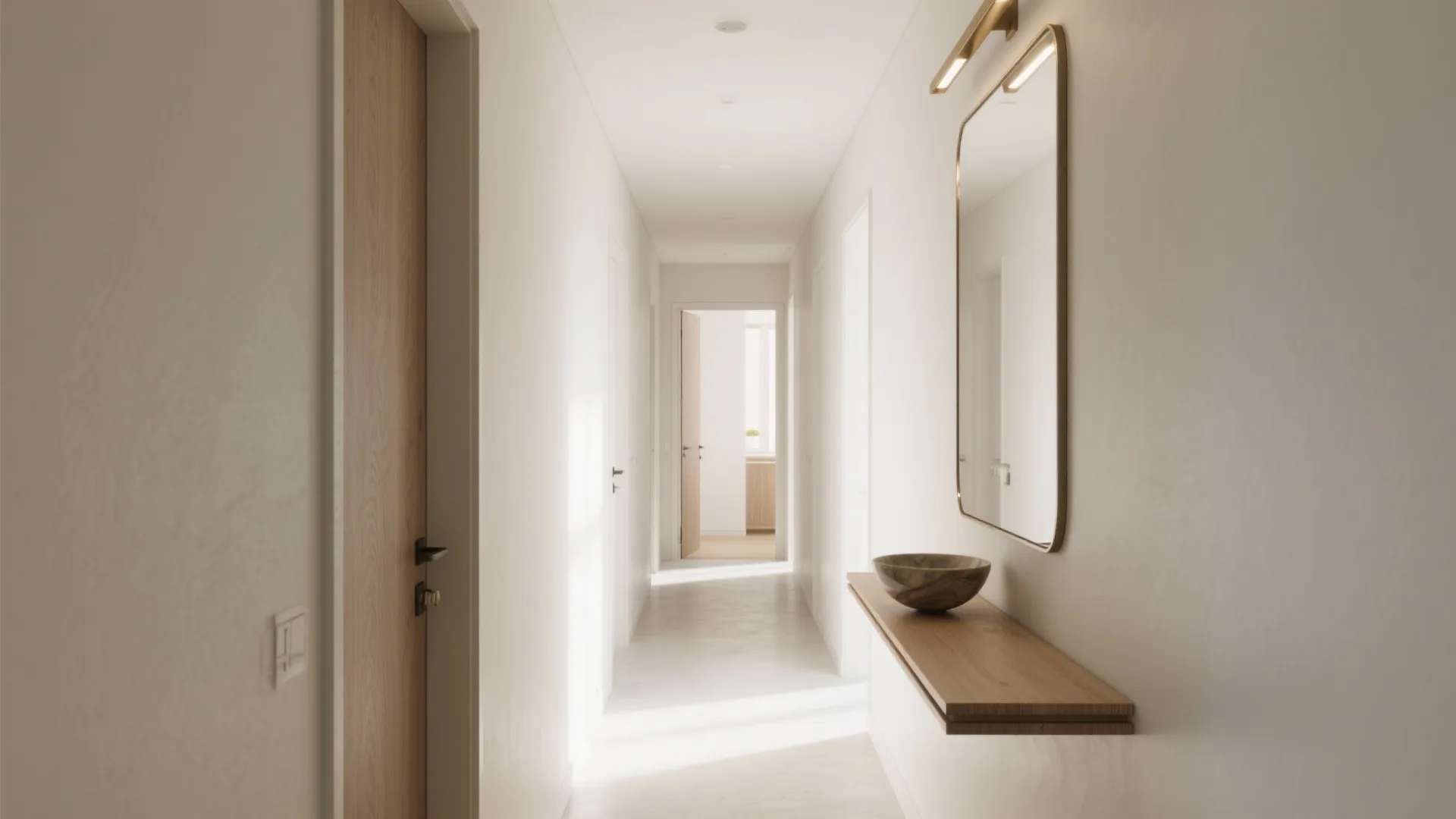 Slim console and large mirror create an airy arrival vignette in a very small hallway.