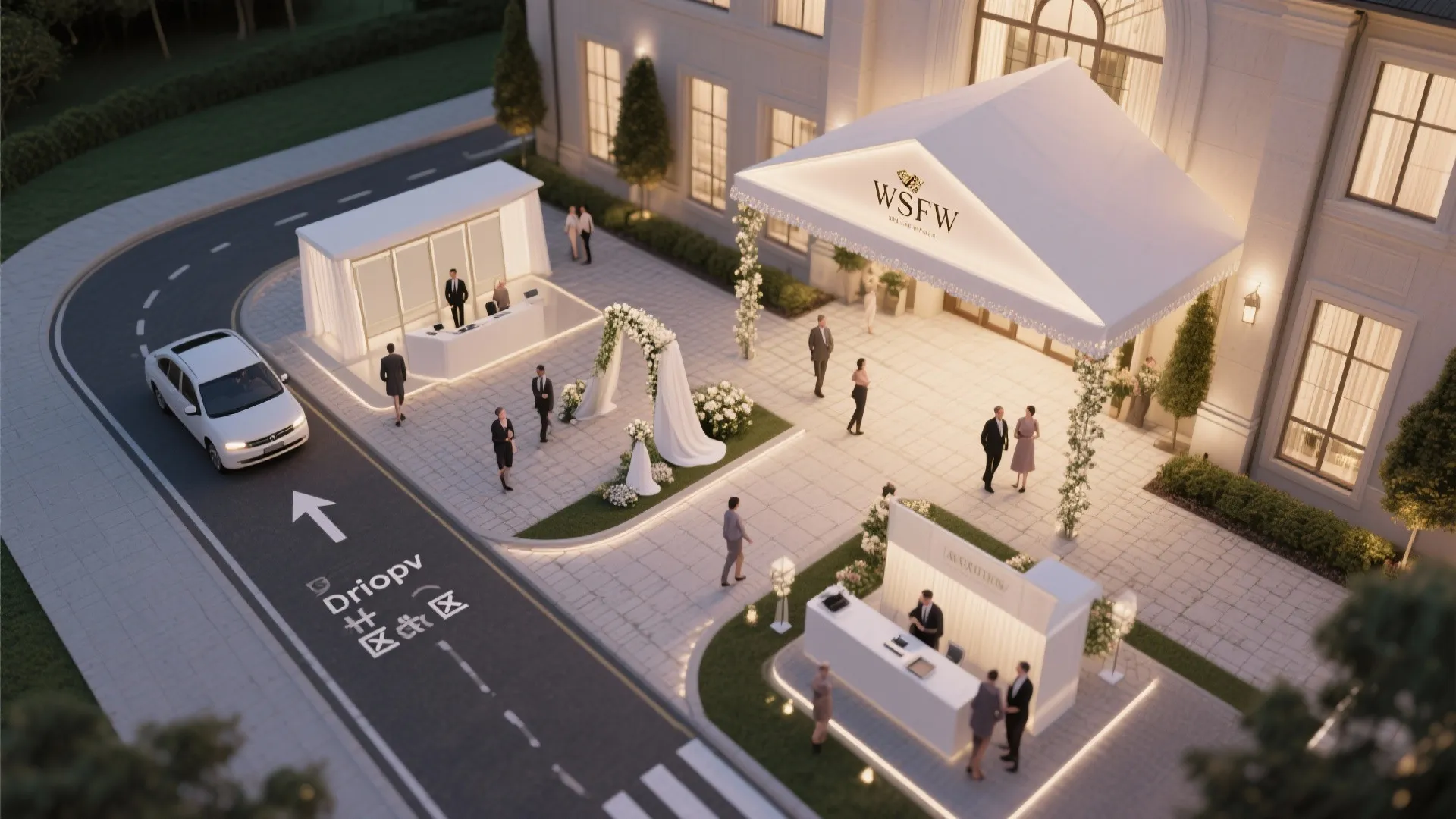 Interior design drawing showing outdoor event entrance with white tent flower arch and reception desks