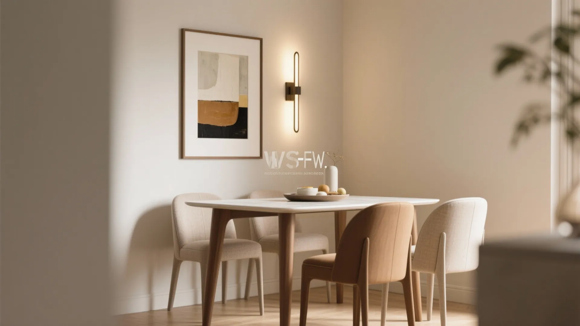 Modern dining room with marble table four beige chairs abstract wall art and warm wall light