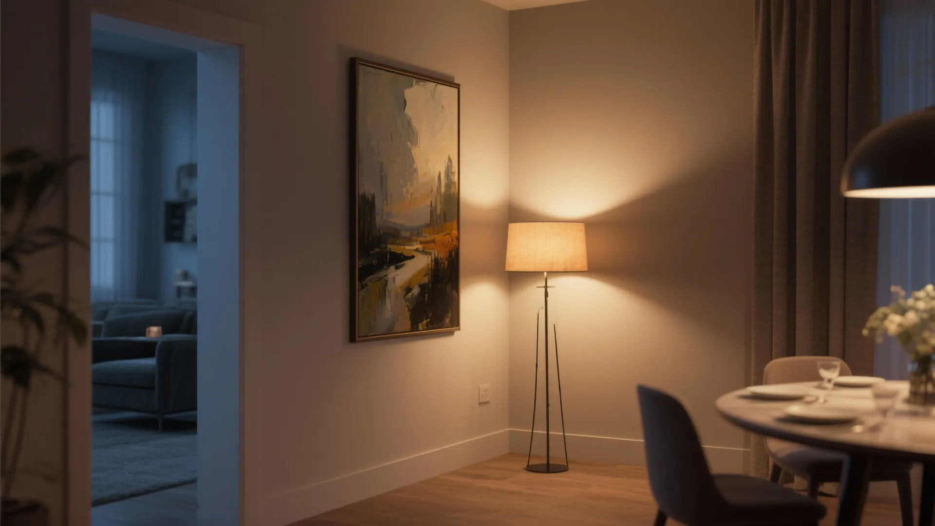 Dining corner with large art and accent lighting