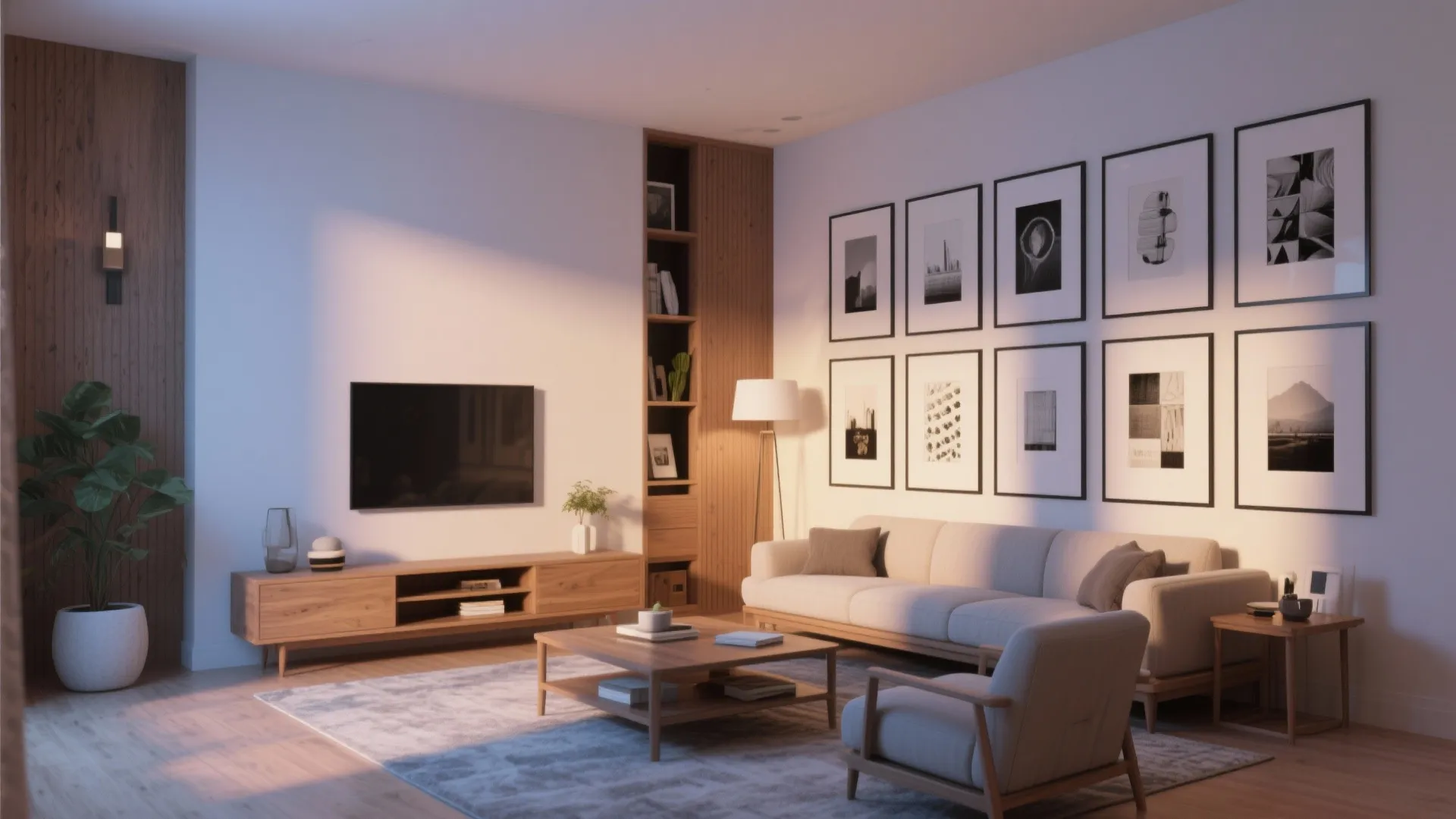 Modern living room with gallery wall art over beige sofa wooden coffee table and television