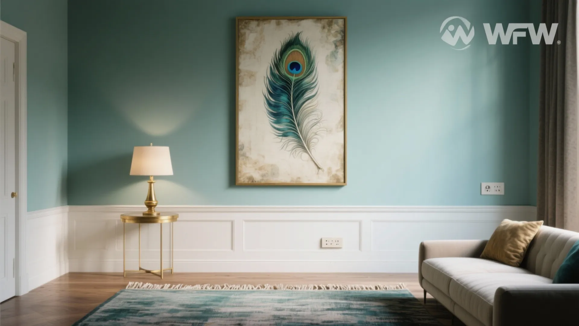 Living room with teal wall white wall panel peacock art gold table and grey sofa