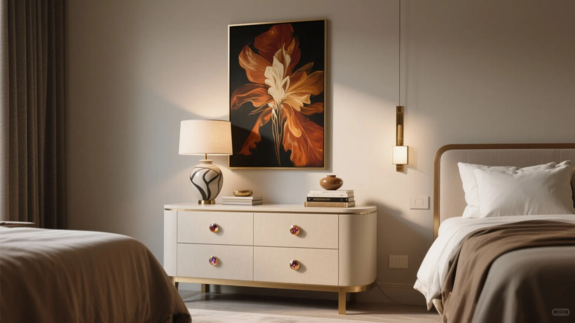 Modern bedroom featuring cream cabinet with gold legs, large flower wall art, and table lamp