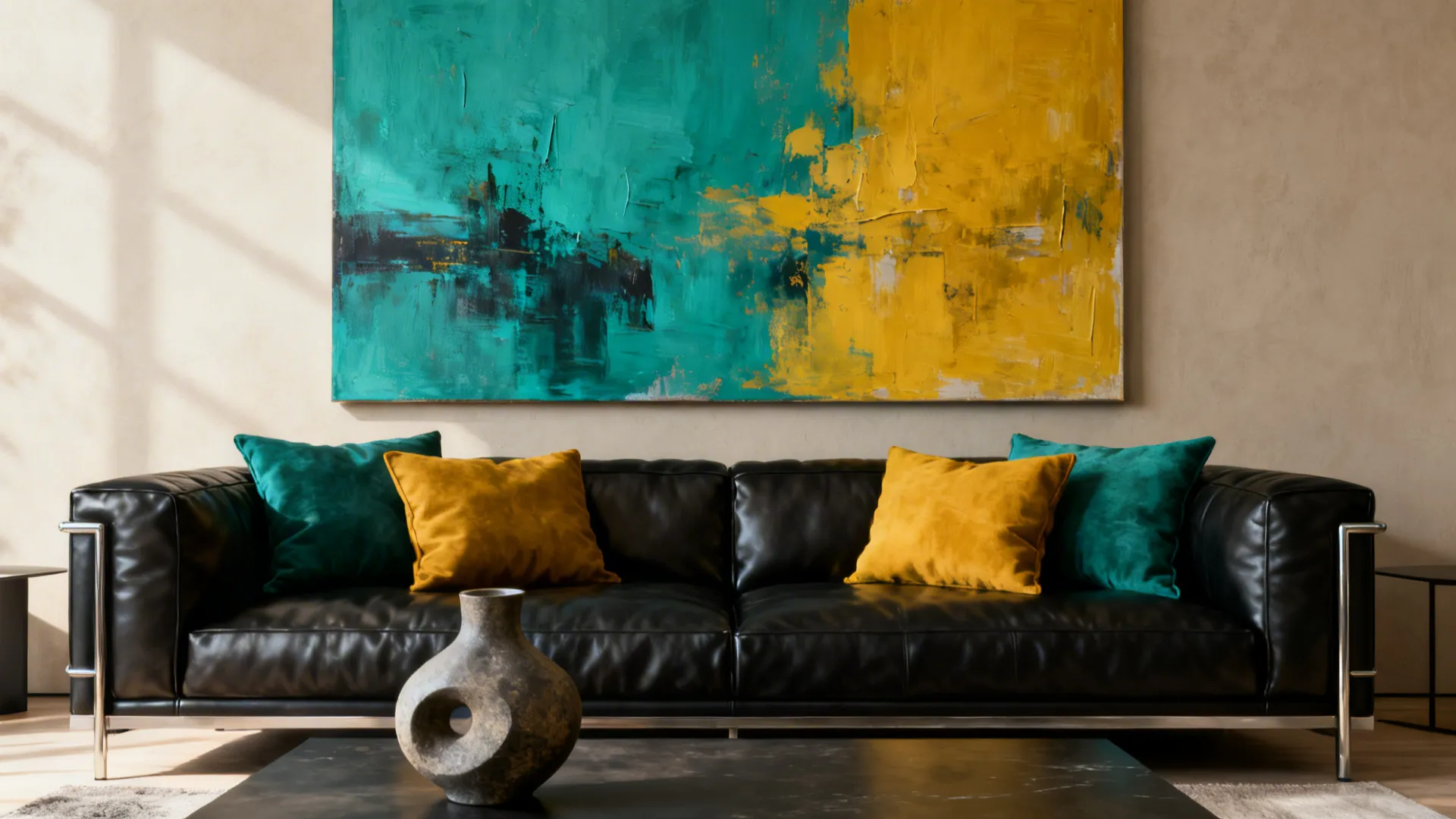 Black leather sofa accented by teal and mustard abstract art and colorful cushions