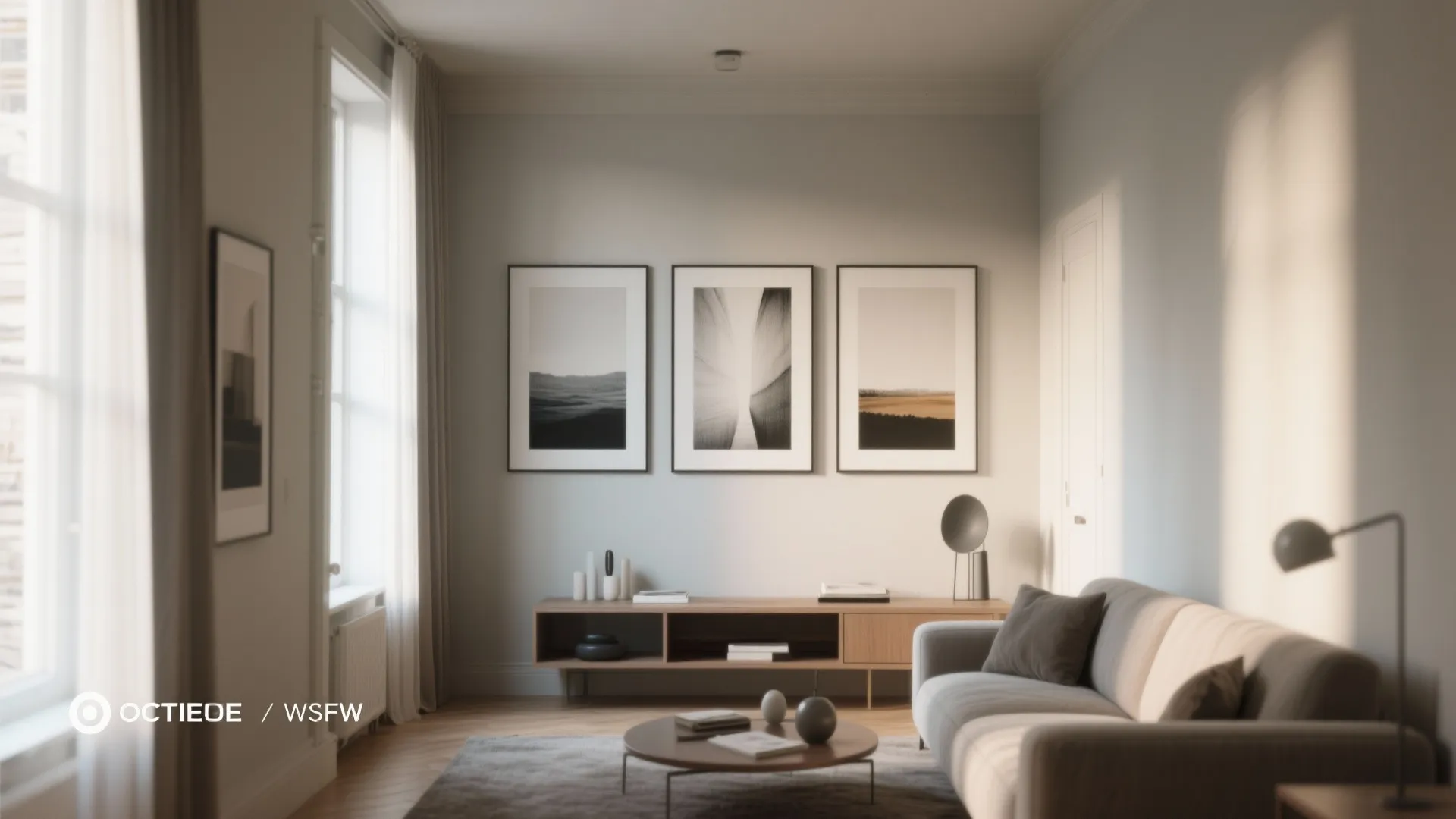 Modern living room with three framed art pieces wooden cabinet sofa rug and coffee table