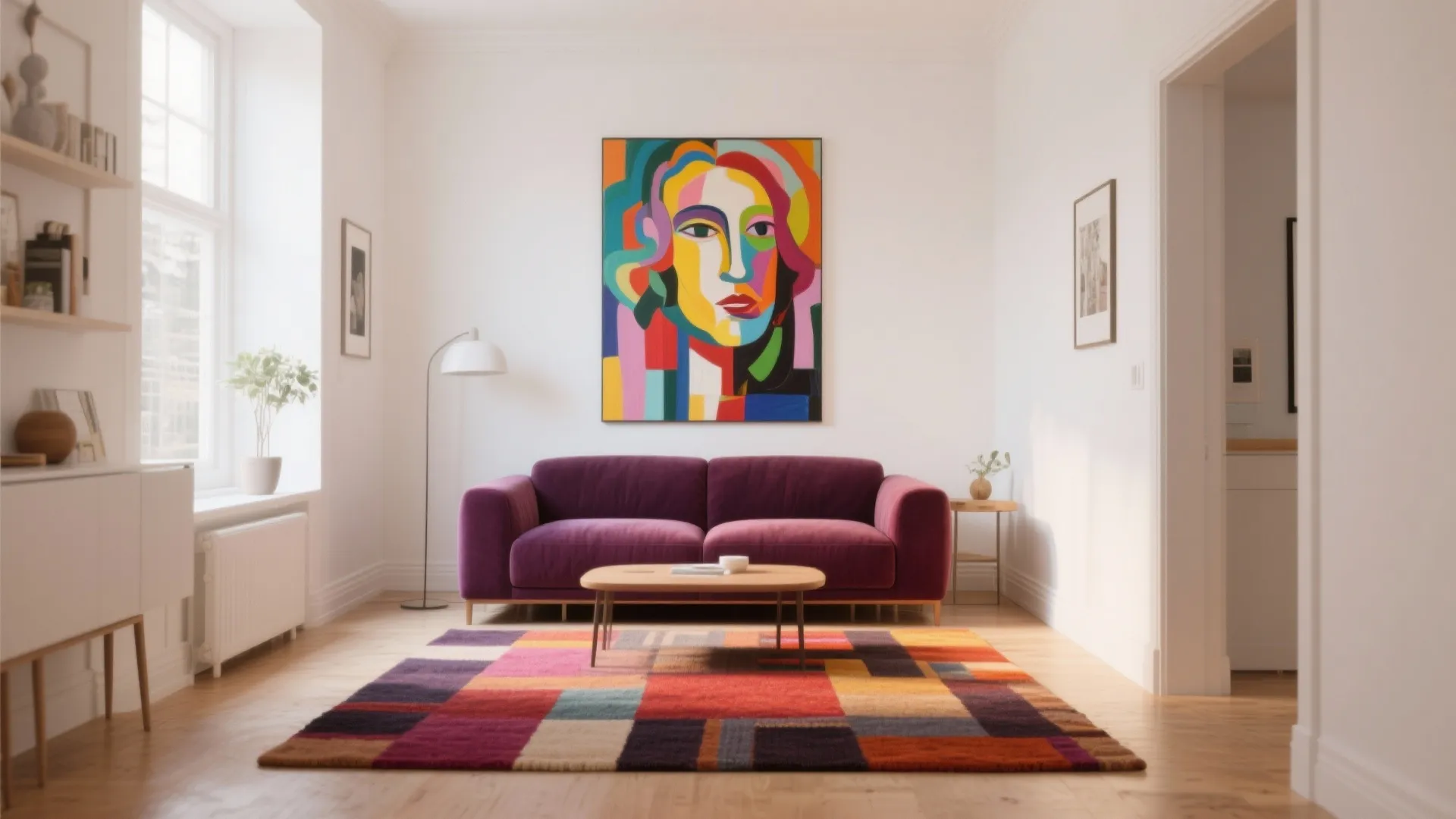 Modern living room featuring purple sofa colorful wall painting checkered rug white walls and wooden floor