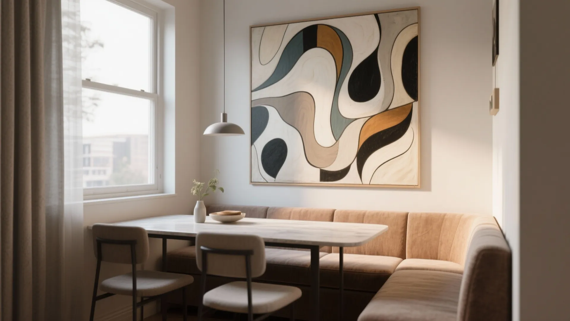 Compact dining nook with large wall art as backdrop