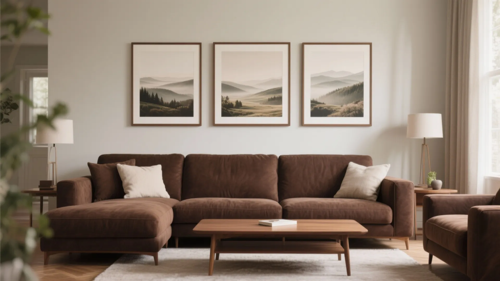 Brown sofa with light-toned artworks above